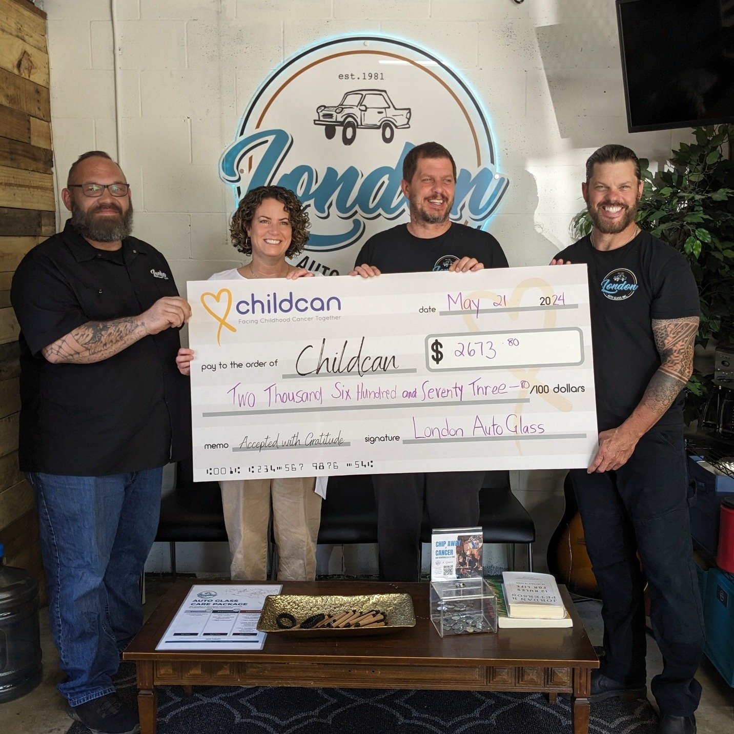 So grateful to London Auto Glass, Mokka (the sweetest puppy), @edsfries, and everyone who came out to support Chip Away at Cancer, for the funds which we received yesterday.  London Auto Glass hinted of more to come! We are #FacingChildhoodCancerToge