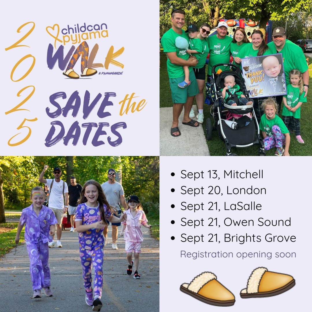 📆SAVE the DATES for one (or more) of our FIVE Childcan Pyjama Walk events coming to a city near you this September:
🚶Sat, Sept 13, 2025 - Mitchell
🚶&zwj;♀️Sat, Sept 20, 2025 - London
🚶&zwj;♂️Sun, Sept 21, 2025 - LaSalle
🚶&zwj;♀️Sun, Sept 21, 202