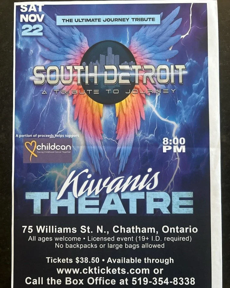 🎤Don't stop believin'! 🎶 @southdetroitband A Tribute to Journey are coming to Chatham's Kiwanis Theatre  on November 22, 2025, with a portion of proceeds supporting Childcan families. Thank you South Detroit and everyone who buys tickets! 🎫

Remem