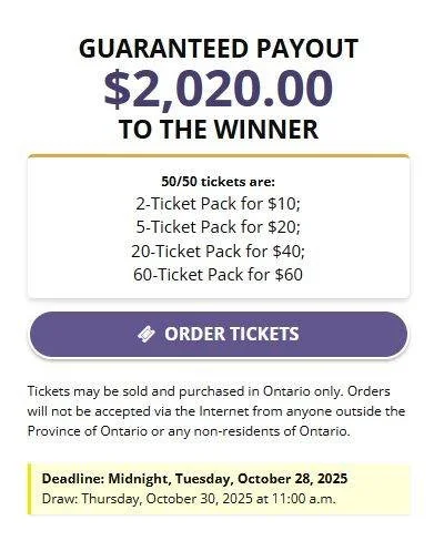 With just one day left to buy tickets, the guaranteed jackpot is now over $2,000! Do you have your tickets?

childcan.com/5050 or see the link in our bio.
Must be resident of Ontario and 18 years or older. Ticket sales end at midnight on Tues, Oct 28