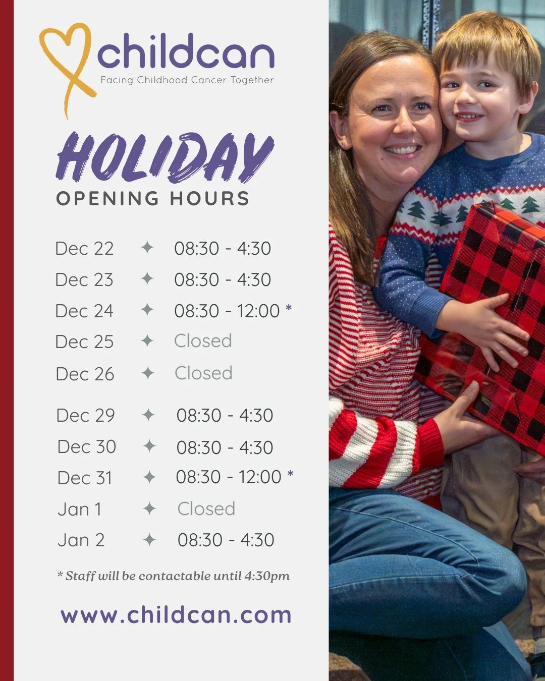 Tis the season! 🎄Our office will be closed:
🕛From noon on Christmas Eve and New Years Eve
📆On Christmas Day, Boxing Day, and New Years Day
🌐Our website is always open at https://childcan.com

 #FacingChildhoodCancerTogether💛🎗💛