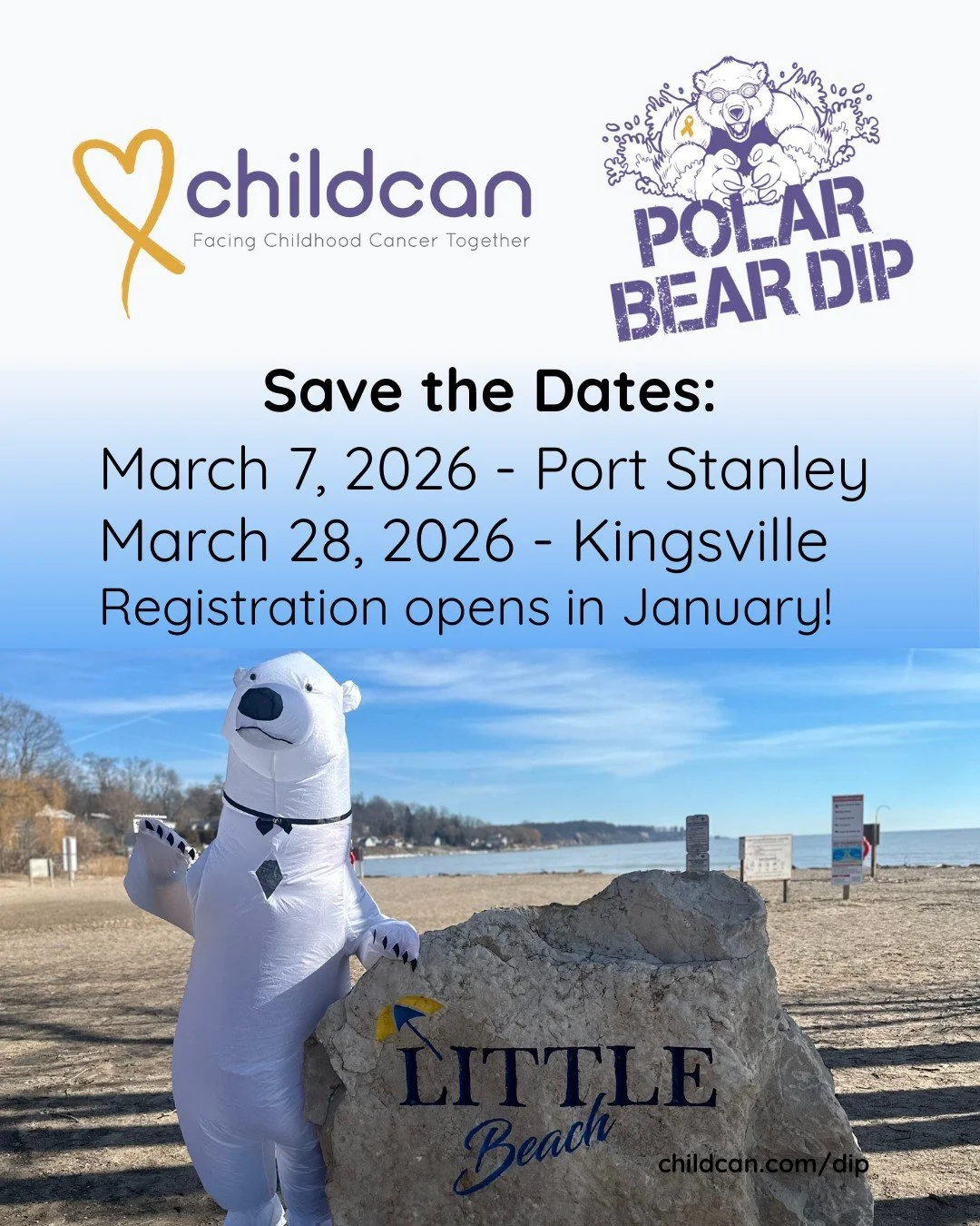 ONE week until we hope to open registration for the Port Stanley Polar Bear Dip 2026! I hope these dates are saved in your calendar. Start gathering your team, if you haven't already! 

https://childcan.com/dip #ChildcanDip #FacingChildhoodCancerToge