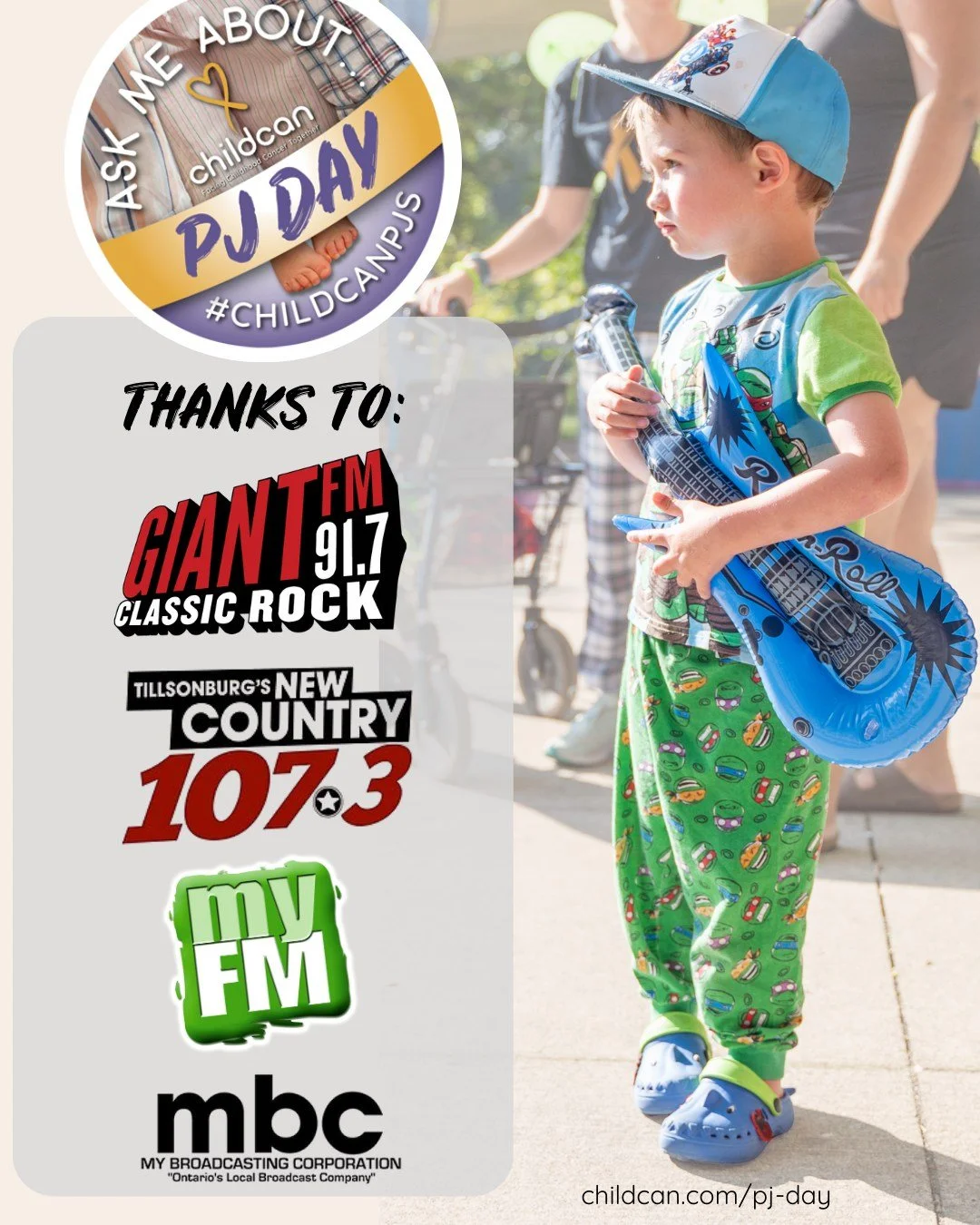 ⏰It's time to start talking about PJ Day and, starting soon, these radio stations will be doing just that. Thank you @country1073, @giantfm1013 and @941myfm. Let us know if you hear about PJ Day! 

Learn more at: https://childcan.com/pj-day 
#Childca