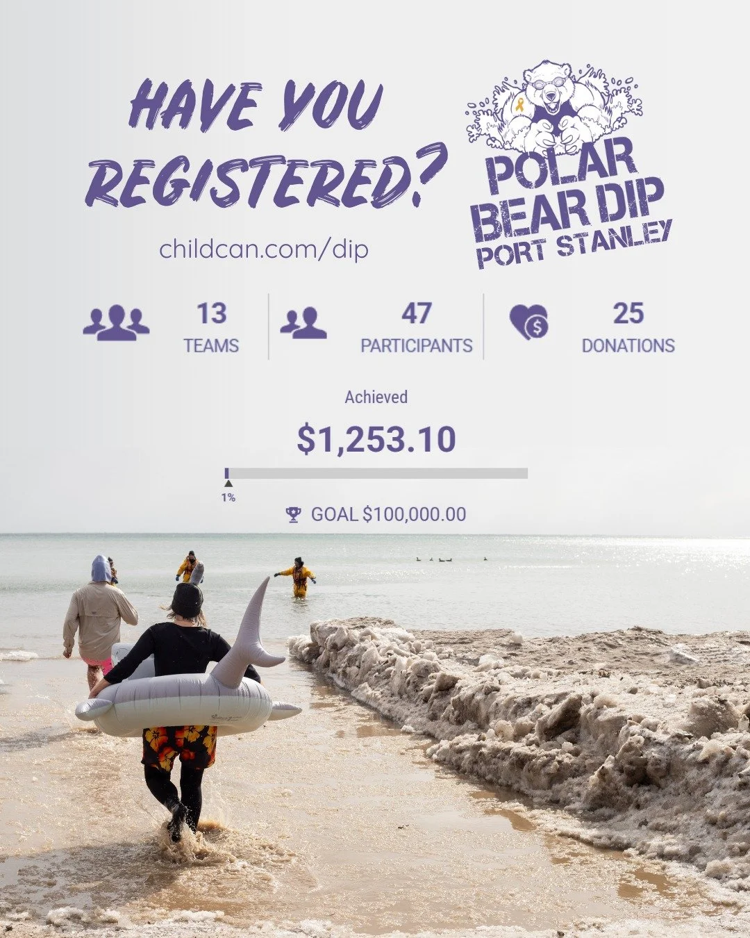 Registration for the Port Stanley Polar Bear Dip just opened on Friday and already 13 teams, 47 participants have registered and raised $1,250+ to help families affected by childhood cancer! 

We can't wait to see everyone on Saturday, March 7, 2026!