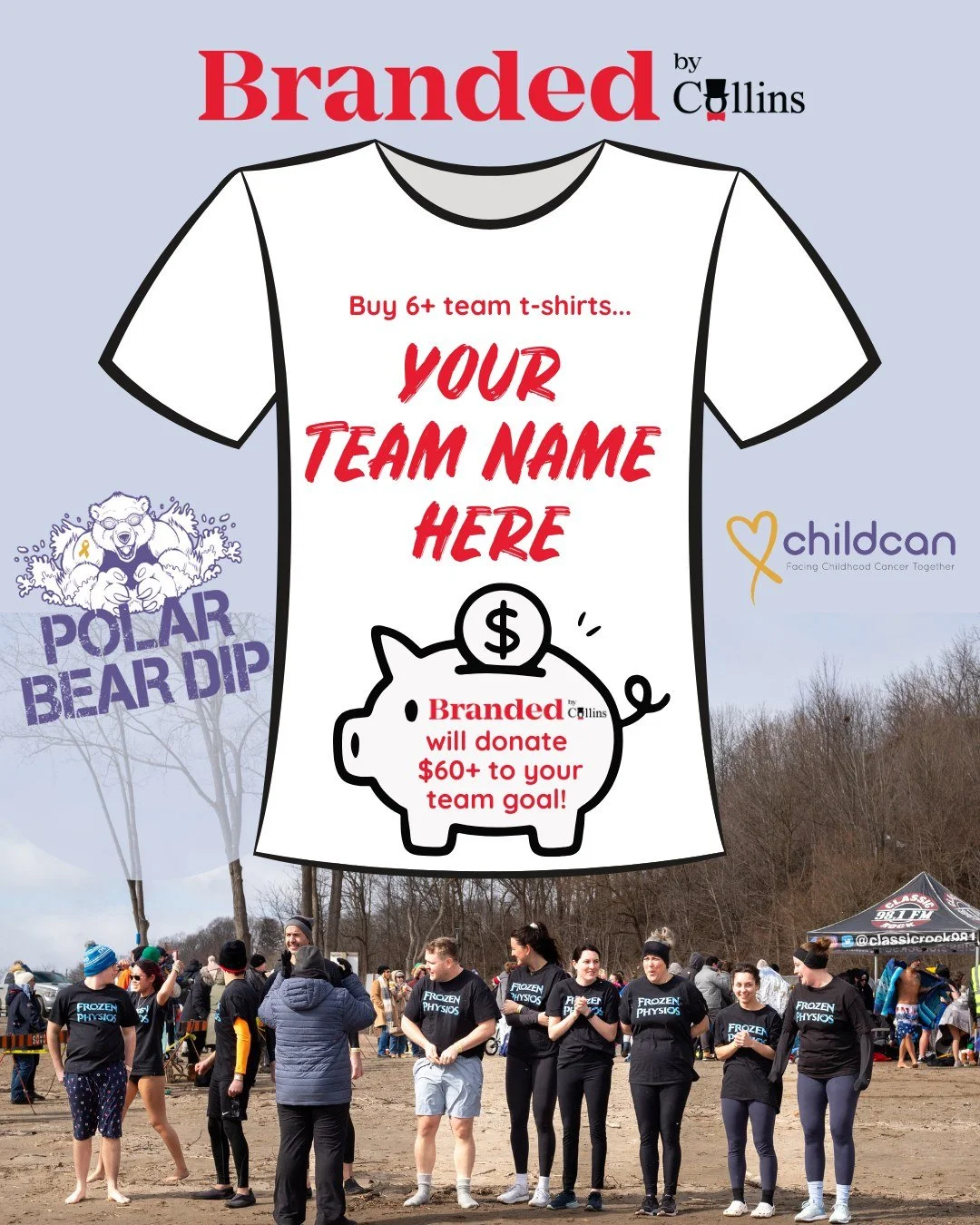 👕Looking for Team T-shirts for this year's Polar Bear Dip?! Our friends @collinsclothiers have generously offered to donate HALF of the proceeds from each t-shirt you buy back to your team! 

T-shirts are $20+ tax each, with a minimum of 6 t-shirts 