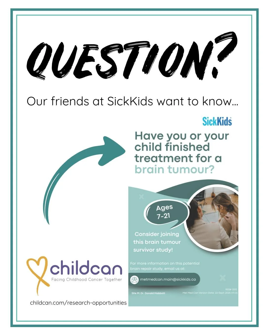 Our friends at @sickkidstoronto are looking for those aged 7-21 who have finished treatment for a brain tumour and would be willing to participate in a research study. Not you? Do you know someone who could qualify? If so, please share to reach as ma
