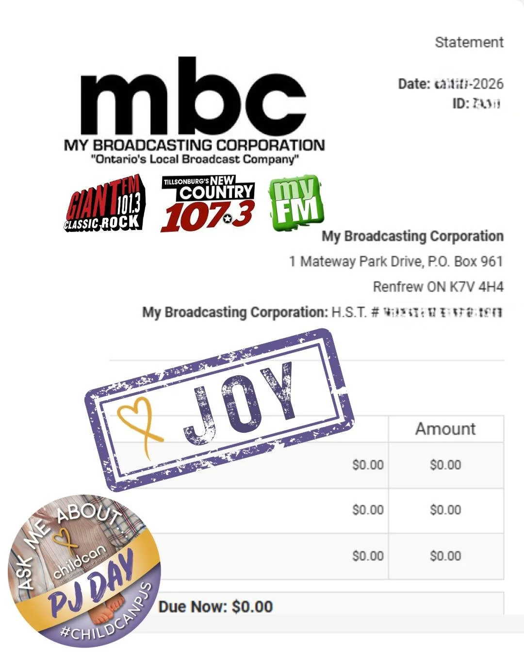 📻Did you hear the PJ Day ad on the radio this year? We're so grateful to @941myfm, @giantfm1013, and @country1073 for this invoice that brought us so much joy to receive! 

Still more PJ Days happening this week! Still time to sign up! https://child