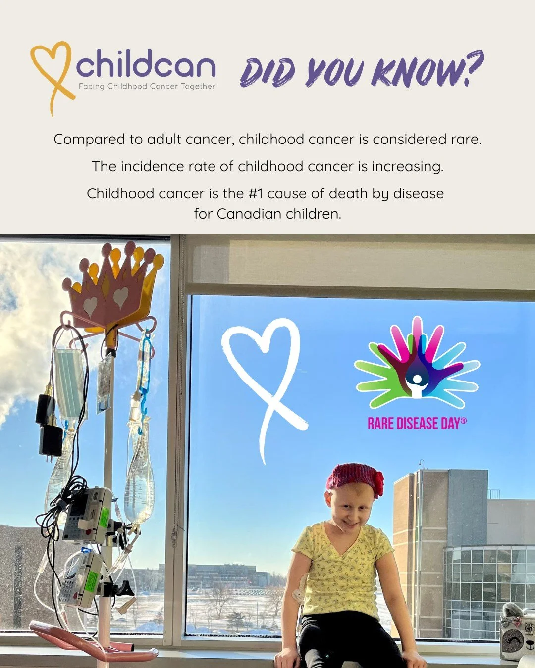 It's Rare Disease Day. 
🎗Did you know that compared to adult cancer, childhood cancer is considered rare. 
🎗The incidence rate of childhood cancer is increasing. 
🎗Childhood cancer is the #1 cause of death by disease for Canadian children. 
If you
