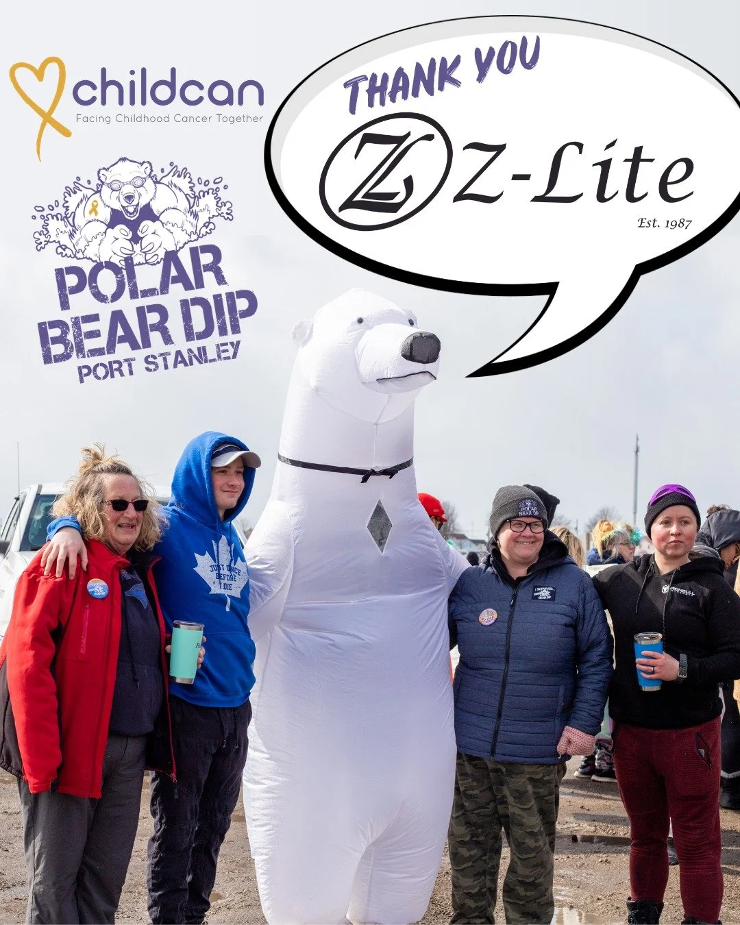 Polar Bear Pete with a special shout-out to @zliteinc for their continued support of Childcan's Polar Bear Dip!

If you're one of the 47 teams, 276 people registered, watch for an e-mail coming soon with the important information that you need to kno
