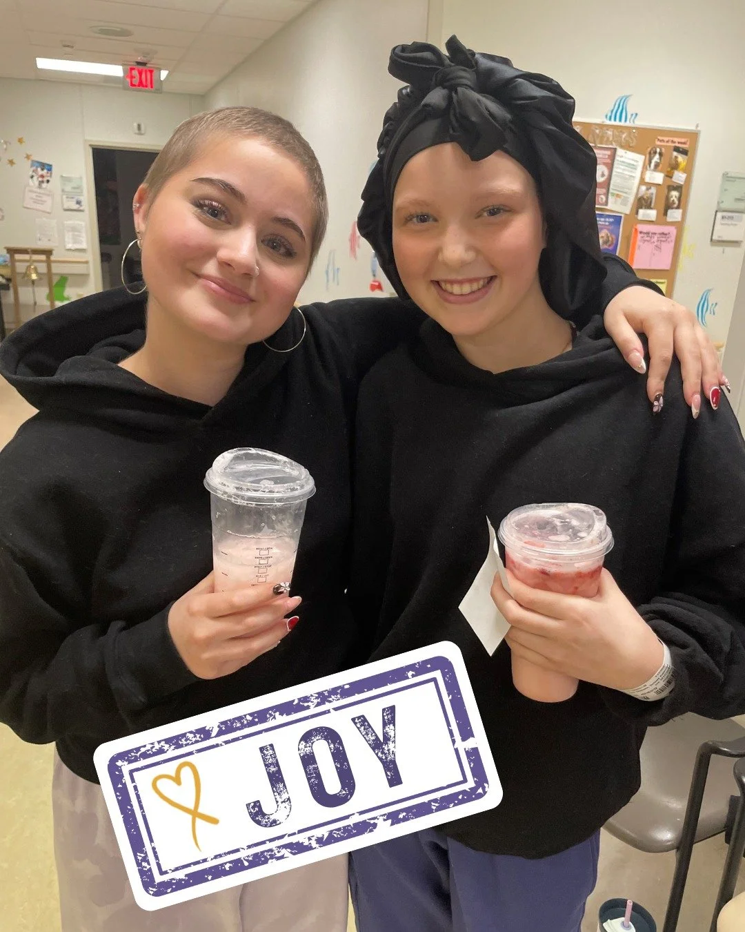 We hope this photo brings you as much JOY as we feel! Micayla, who shared her story at the Polar Bear Dip in Port Stanley on Saturday (and you might remember her bell ringing around the holidays) with Delaney, who is just a few months into her treatm