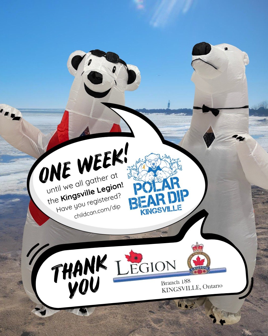 ONE MORE WEEK until we all gather at the Kingsville Legion! We cannot wait to see everyone! Have you registered yet?! If not, please do it now!

Thank you @rclegionkingsvillebranch188 for your incredible support of the Kingsville Polar Bear Dip! 

ht