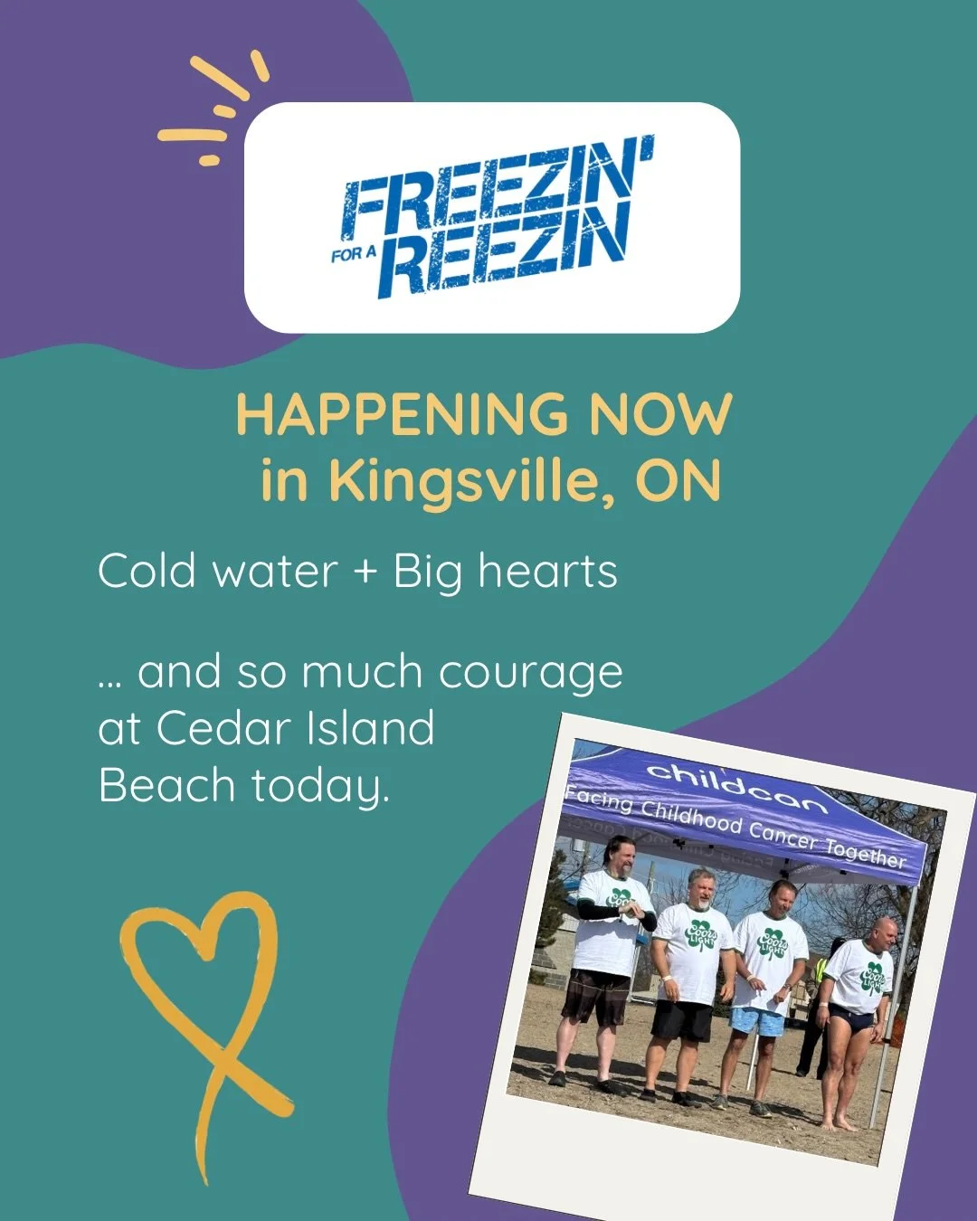 The Kingsville Polar Bear Dip was a hit!!! 
🌊🥶🐻&zwj;❄️

Cold water, big hearts, and zero hesitation at Cedar Island Beach today. 💛💜

Every dollar raised goes directly to financial assistance, emotional support, and paediatric cancer research at 