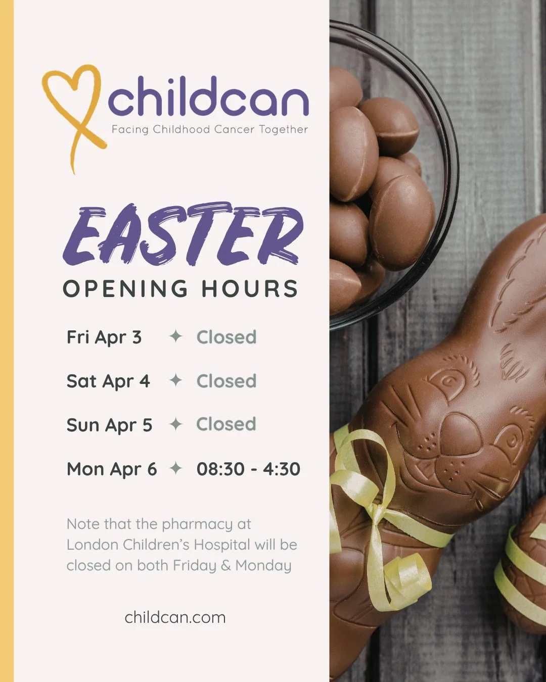Our office will be closed tomorrow (Good Friday), reopening on Monday. 

We'd also like to remind you that the pharmacy at London Children's Hospital will be closed on both Friday AND Monday! 

Our website remains open at https://childcan.com/ 
 #Hop