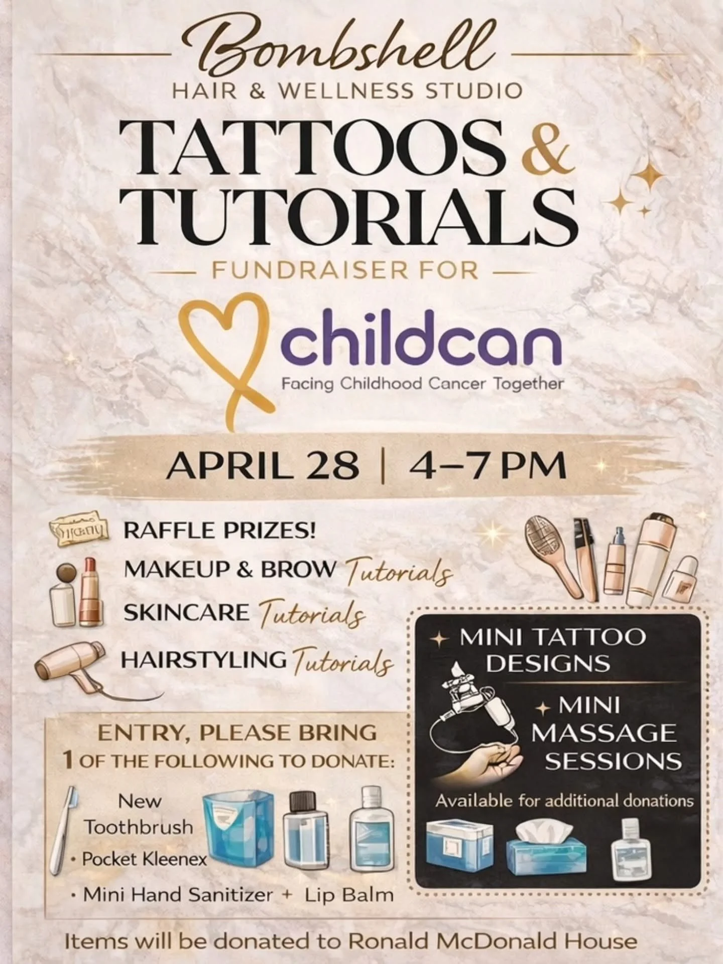 🫶Thank you Bombshell Wellness Studio for creating an incredible event in support of Childcan families and those staying with our friends at Ronald McDonald House SWO. 

More details here: https://childcan.com/events/tattoos-and-tutorials (see events