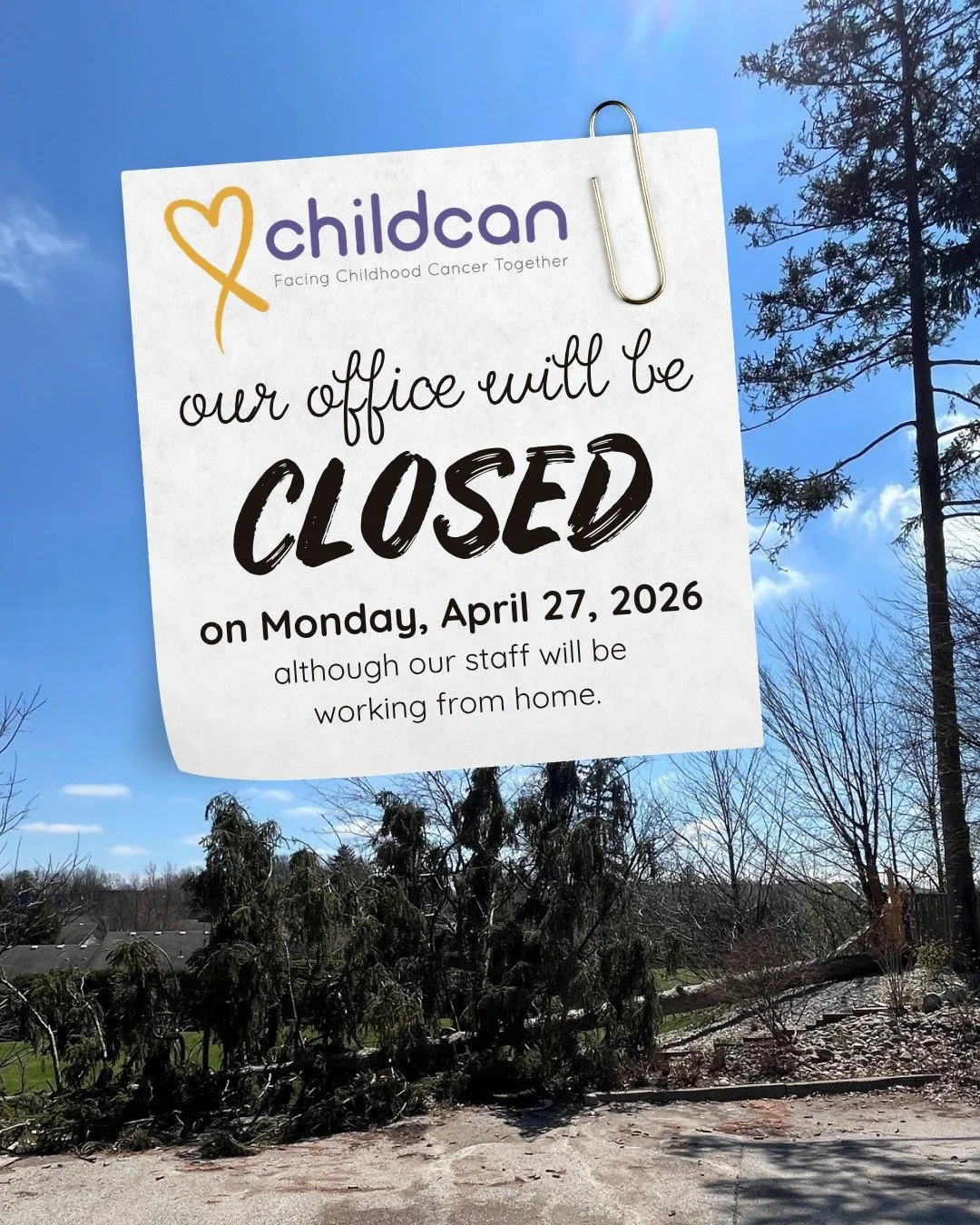 Please note that our office will be closed on Monday, April 27, 2026, although our staff will be working from home. During the storms over the Christmas holidays, a large tree fell at the rear of our property. Thankfully, the only casualty was our pi
