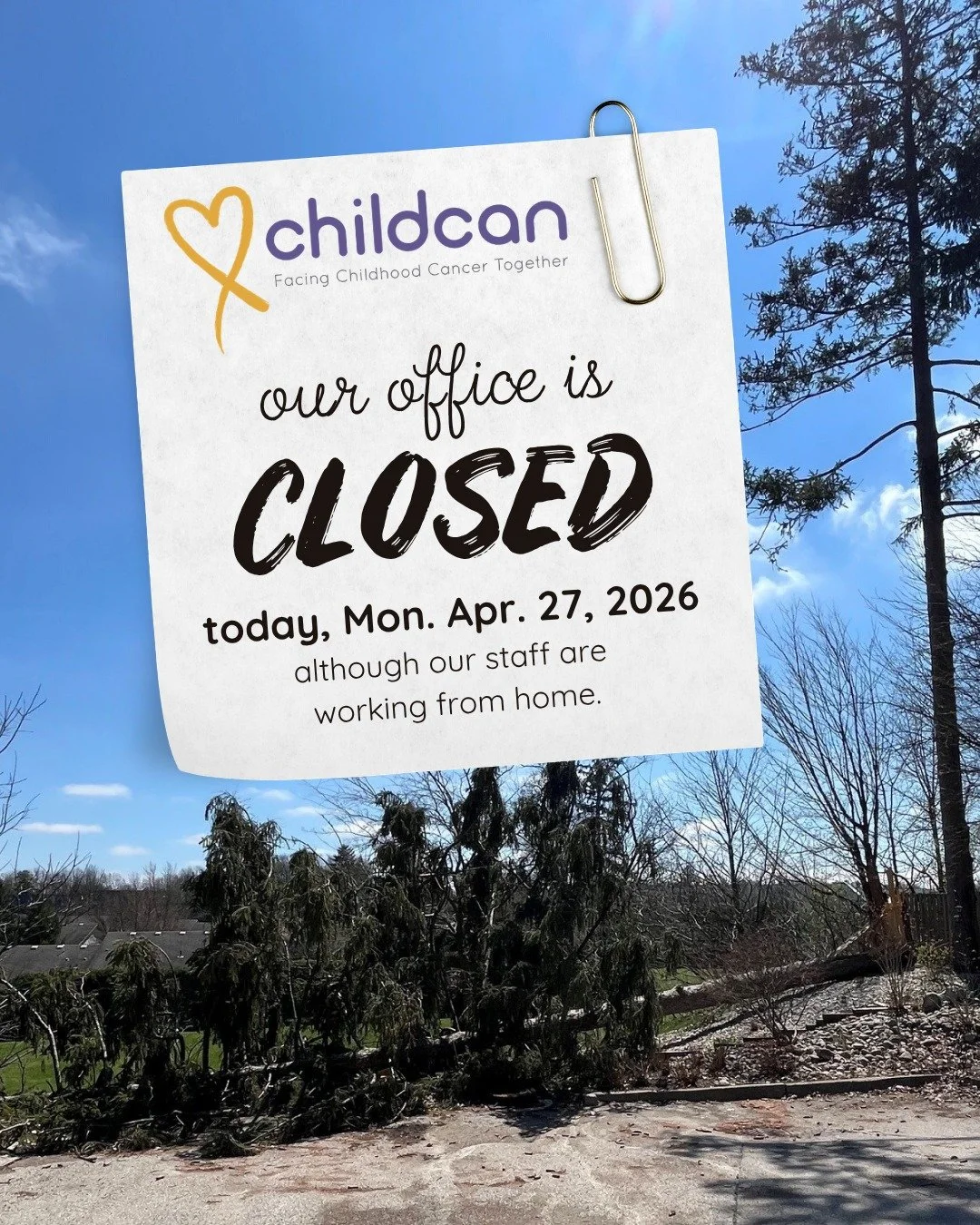 Reminder: our office is closed today, Monday, April 27, 2026, although our staff are working from home. 

During the storms over the Christmas holidays, a large tree fell at the rear of our property. Thankfully, the only casualty was our picnic table