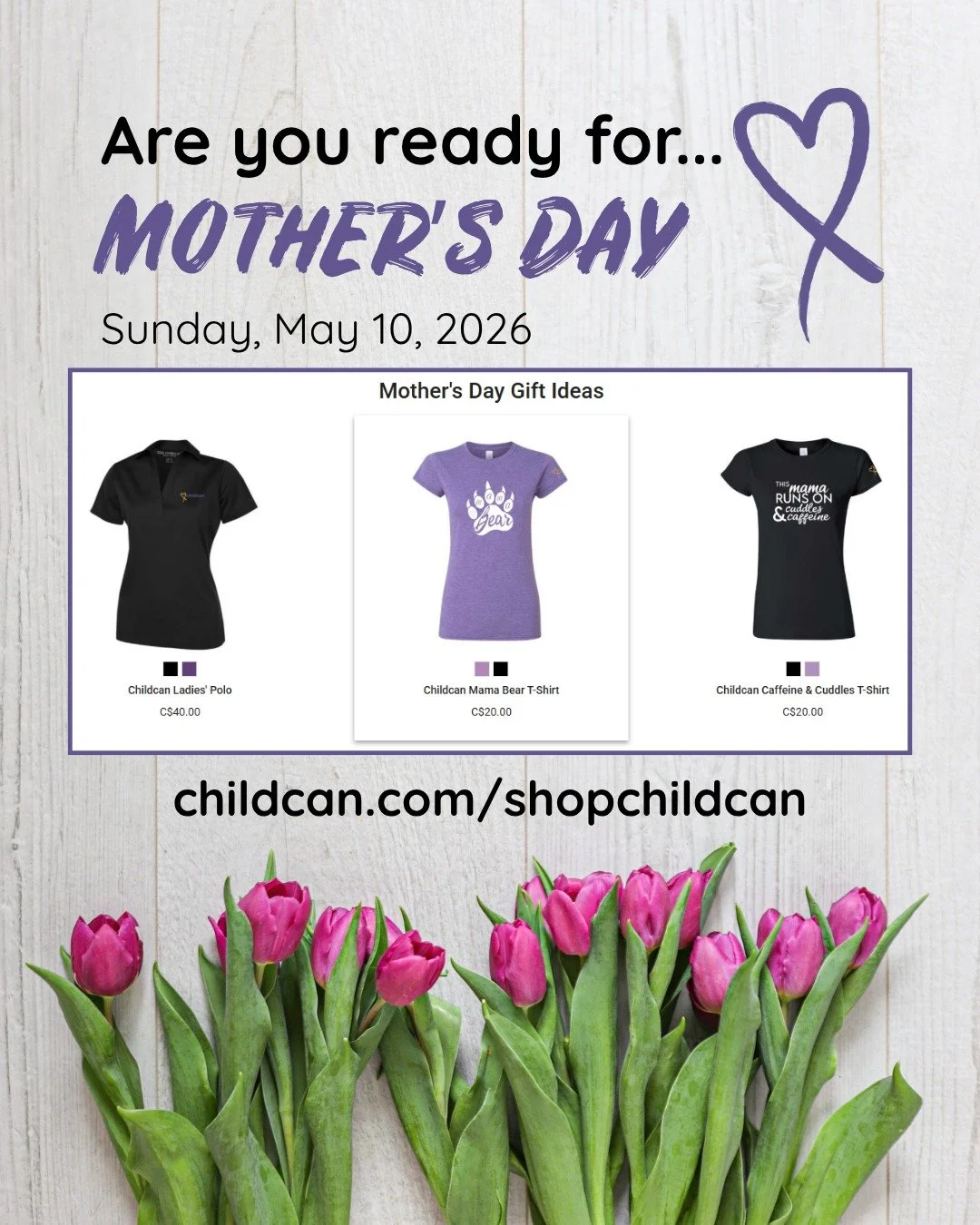 Mother's Day is almost here! Are you ready? 

If not, may we suggest you check out the Childcan Merchandise store: https://childcan.com/shopchildcan (see Merch link in bio)

 #FacingChildhoodCancerTogether💛🎗💛 @collinsclothiers