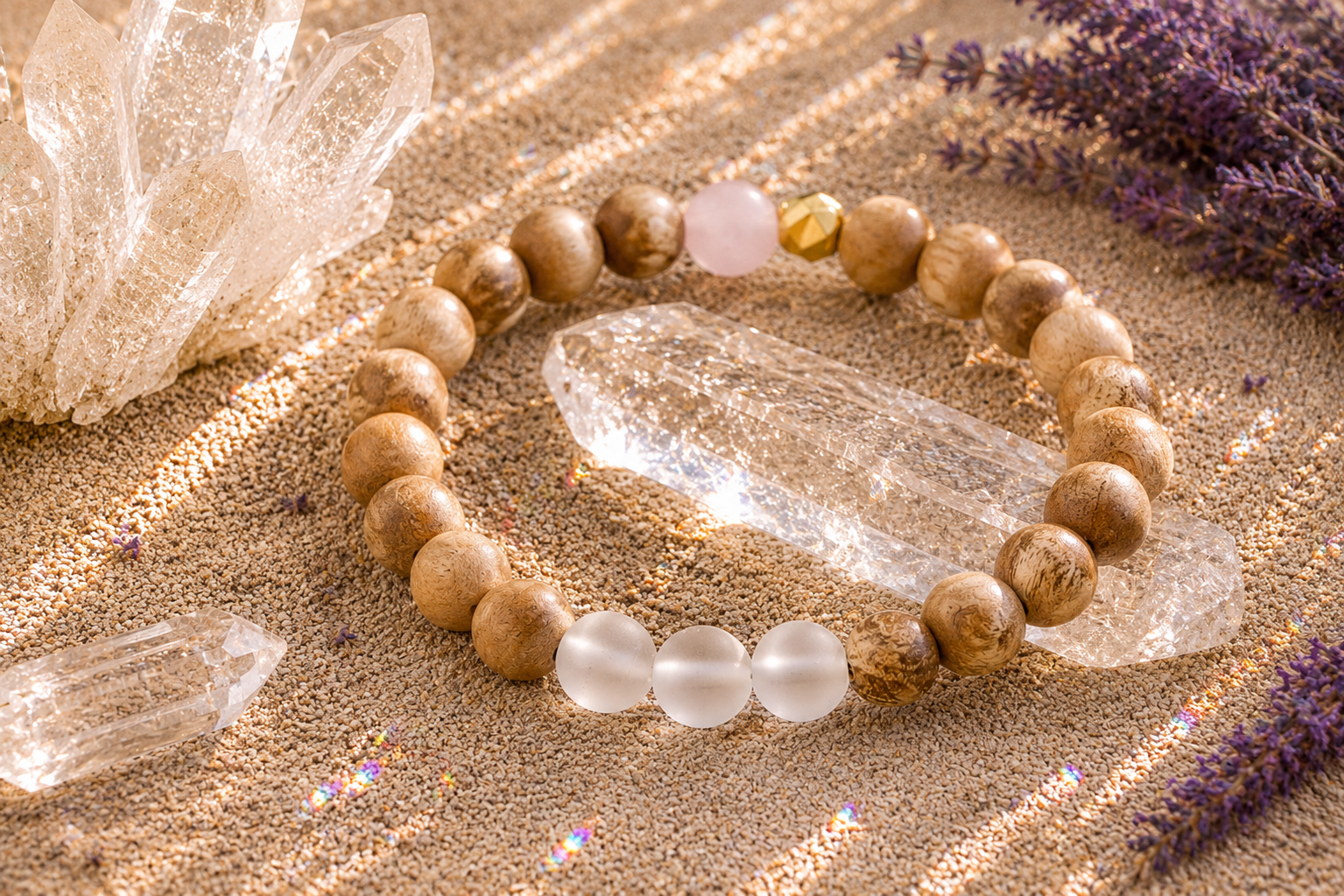 8mm Clear Quartz and Sandalwood Mindfulness Bracelet