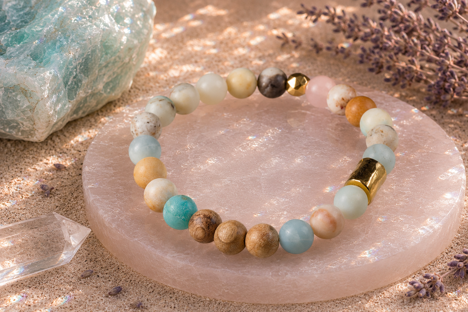 8mm Amazonite, Gold, and Sandalwood Mindfulness Bracelet