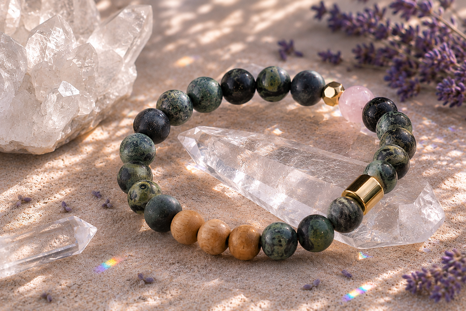 8mm Kambaba Jasper, Gold, and Sandalwood Mindfulness Bracelet