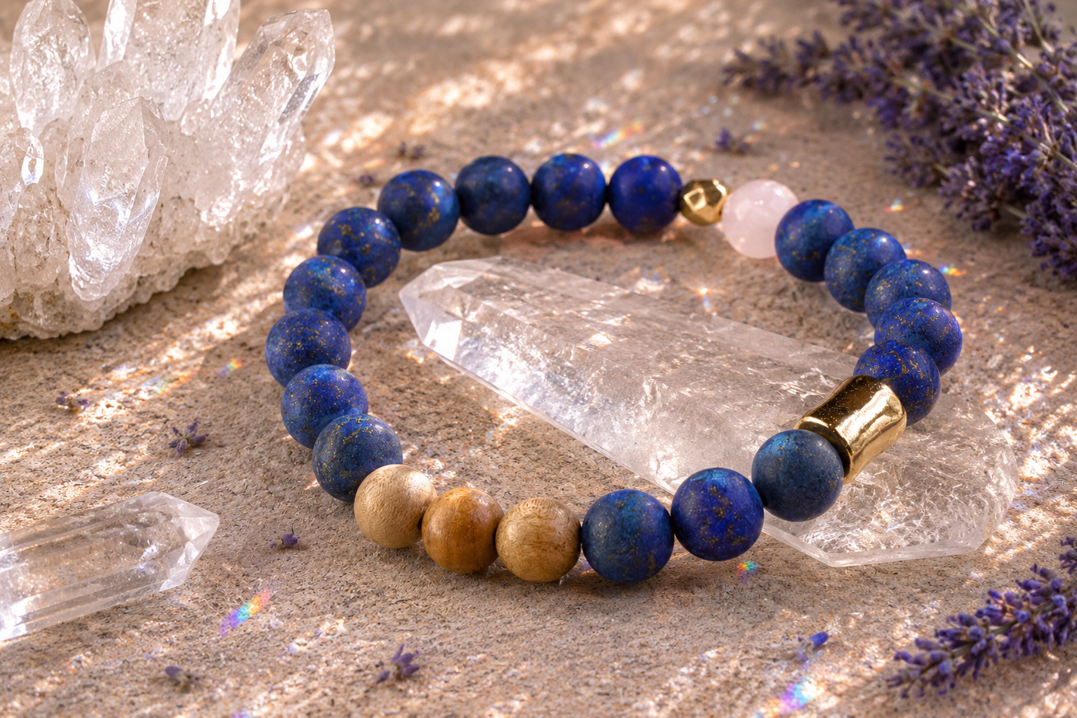 8mm Lapis Lazuli, Gold, and Sandalwood Mindfulness Bracelet