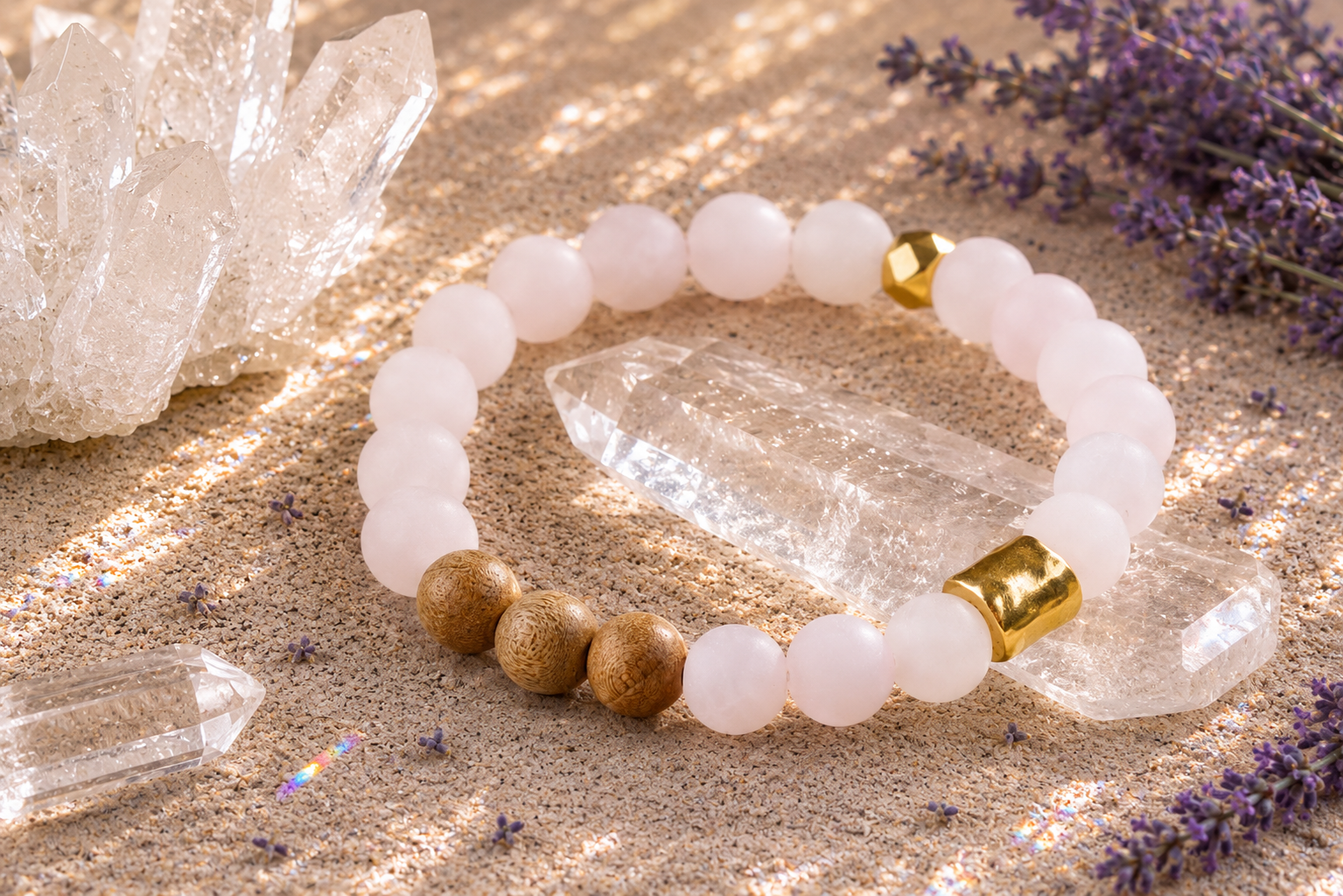 8mm Rose Quartz, Gold, and Sandalwood Mindfulness Bracelet