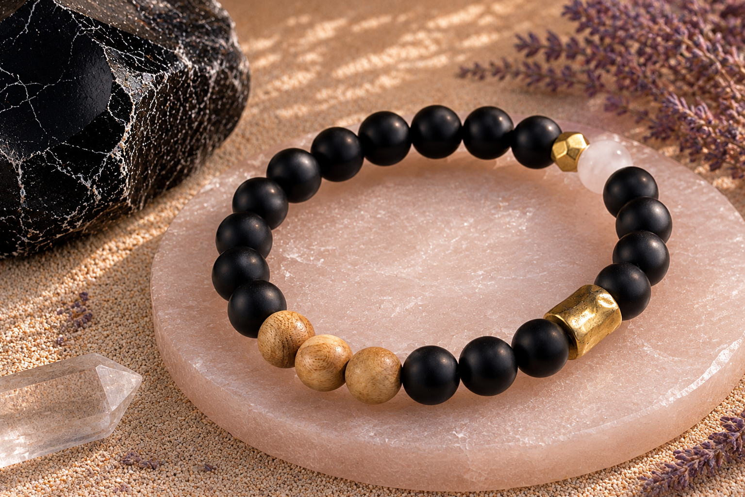 8mm Onyx, Gold, and Sandalwood Mindfulness Bracelet