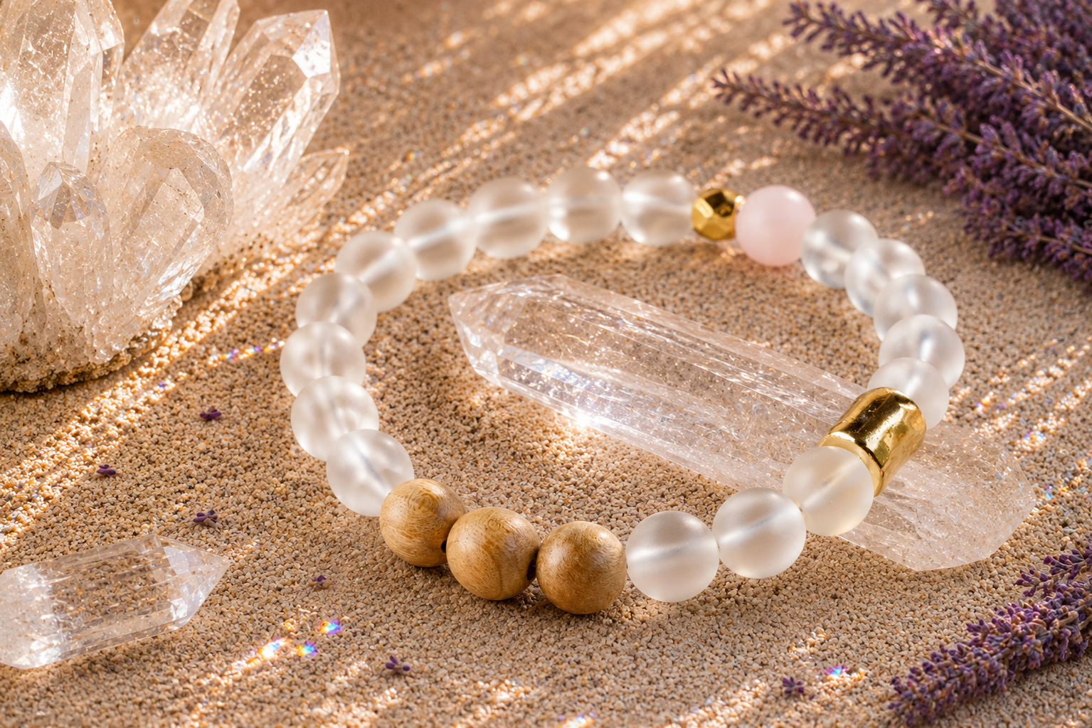 8mm Clear Quartz, Gold, and Sandalwood Mindfulness Bracelet