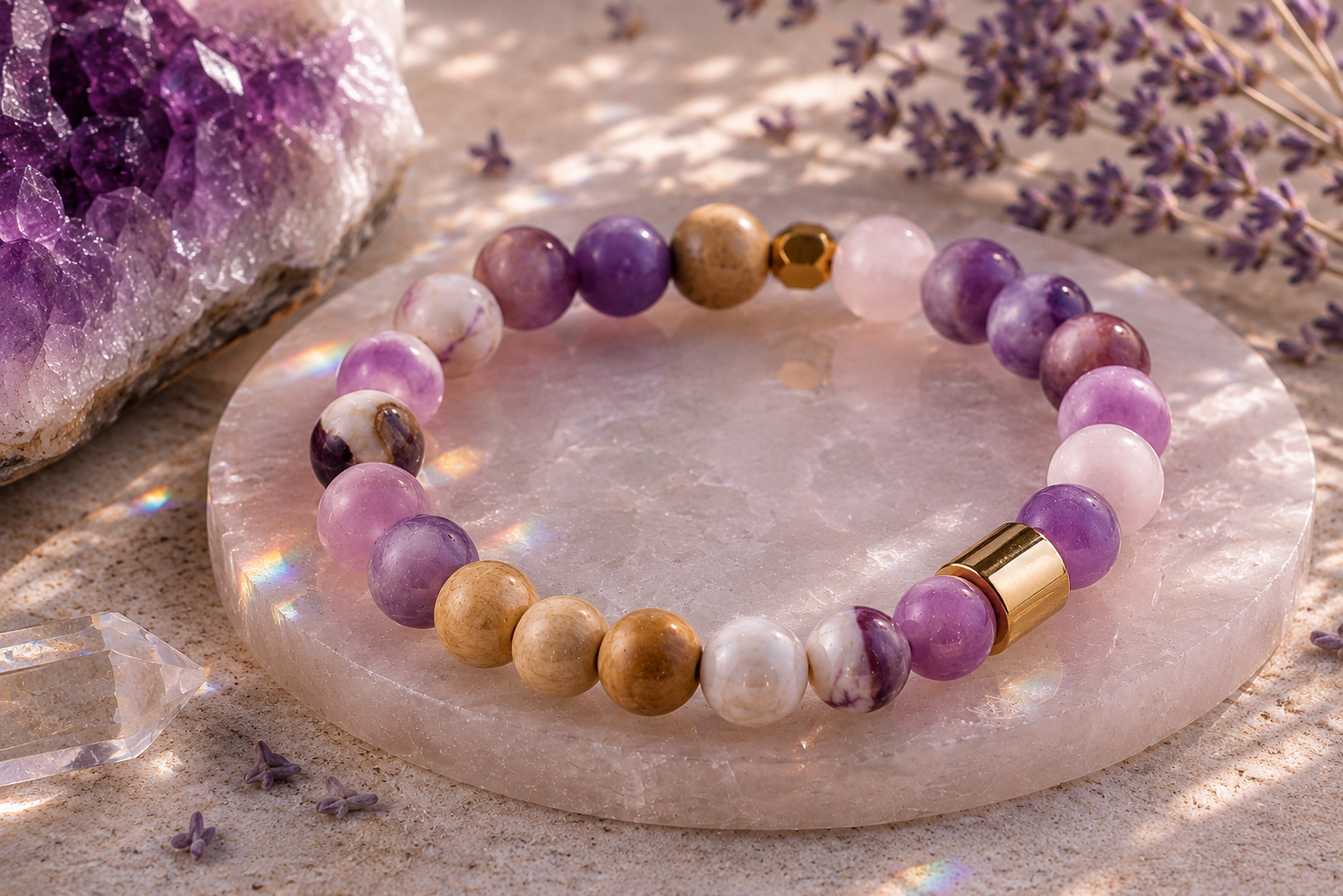 8mm Amethyst, Gold, and Sandalwood Mindfulness Bracelet