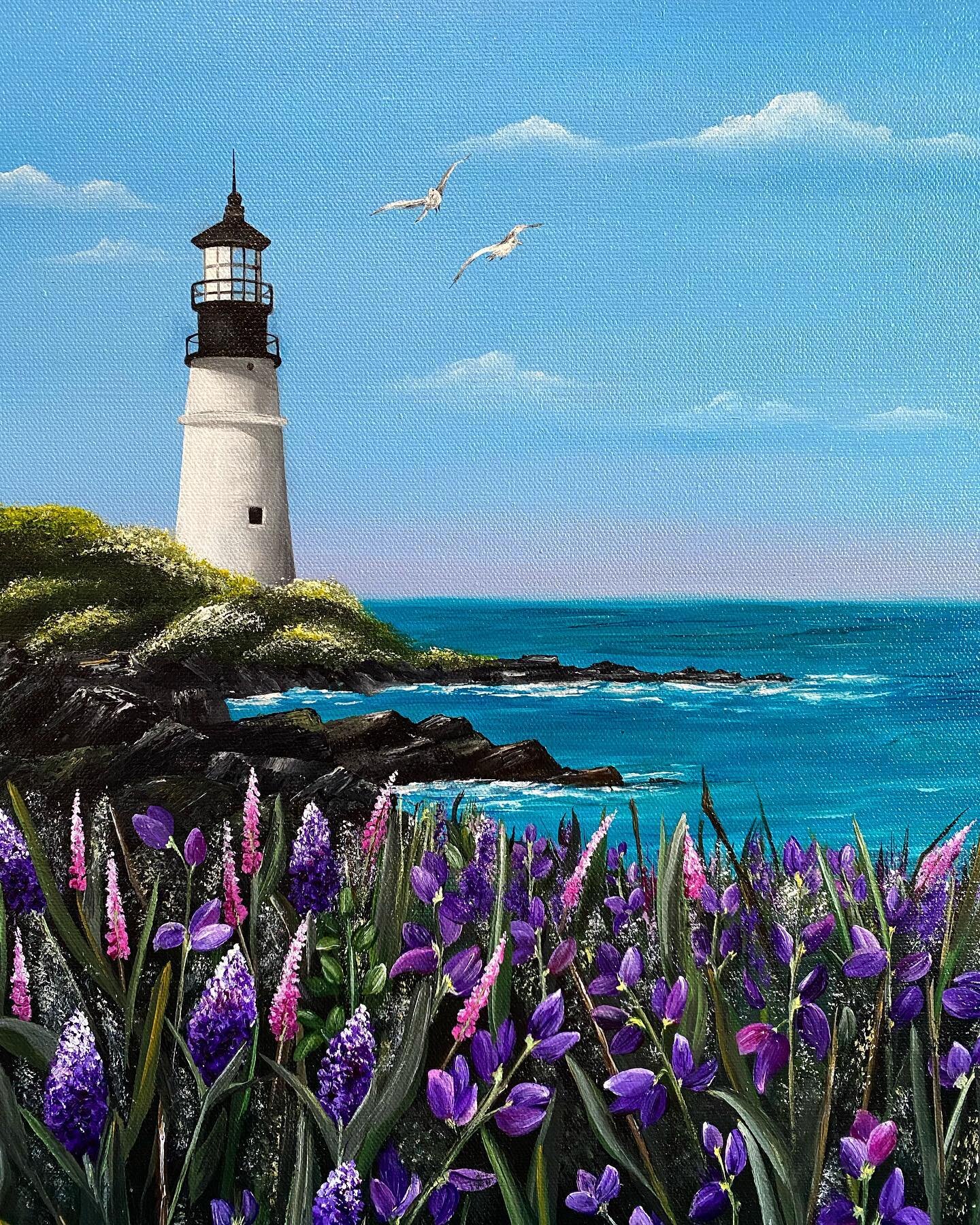 Swipe to see the second half of the canvas.🤍Absolutely loved painting this custom-designed piece for an ocean, flowers, ship, and lighthouse lover.💙
.
Acrylic on 18x24 @blickartmaterials premier stretched canvas, finished with @winsorandnewton glos