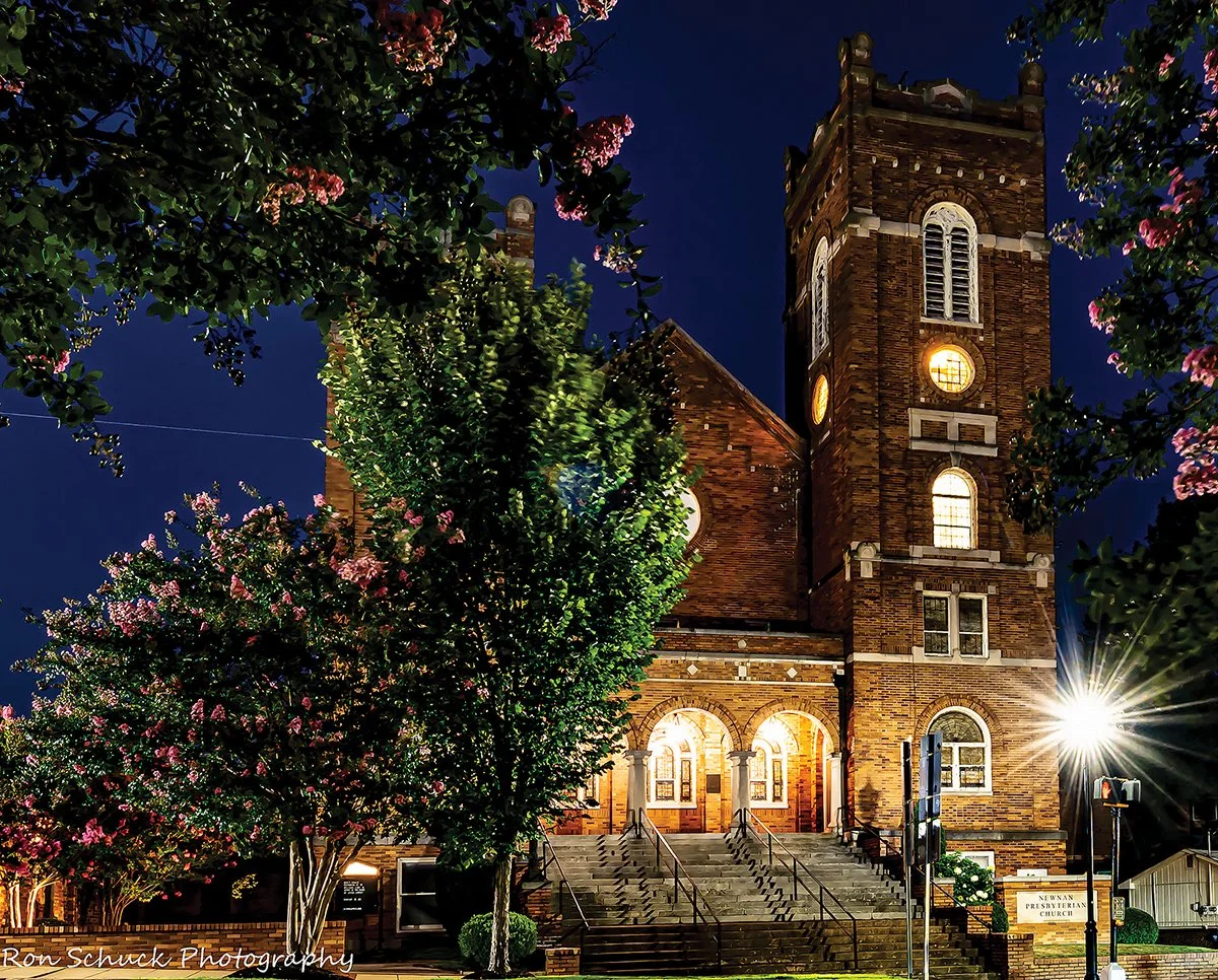 This photo of Newnan Presbyterian Church at night exudes artistic expression and ambience. Photo by Ron Schuck.