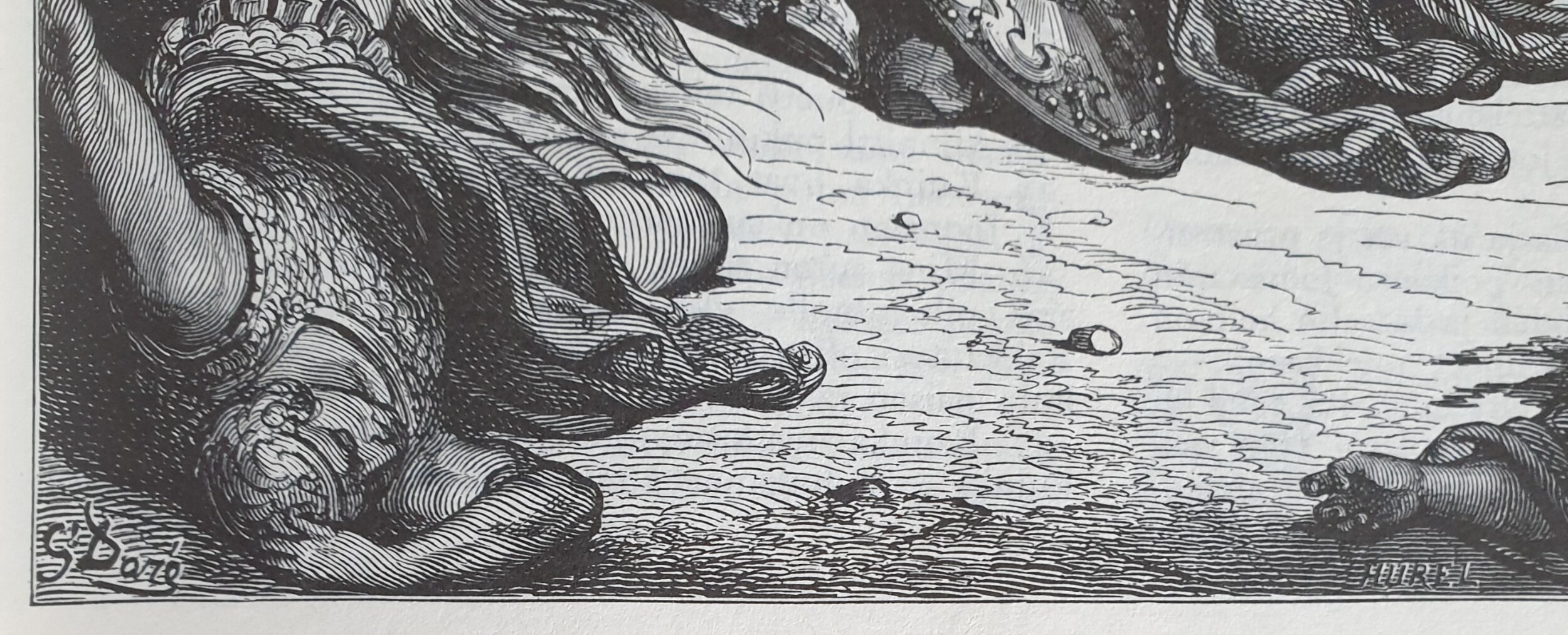 Gustave Dorén tunnetuissa raamattuaiheisissa puukaiverruksissa löytyvät myös kaivertamisen suorittaneiden työpajojen tai käsityöläisten nimet, kuten tässä Alexandre Hurel. Vaikka esimerkissä on kyse kirjankuvittamisesta, niin käytäntö on yksittäin l