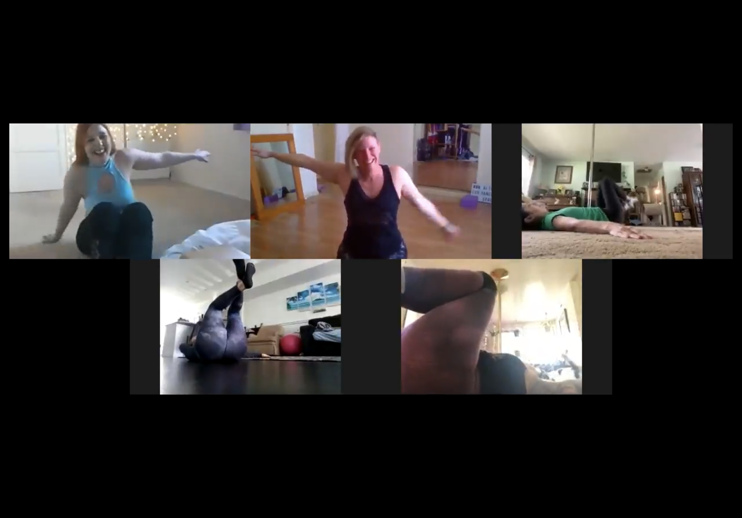 Six people engaging in a virtual exercise class, with some lying on the floor, stretching, or in yoga poses, in different indoor settings.