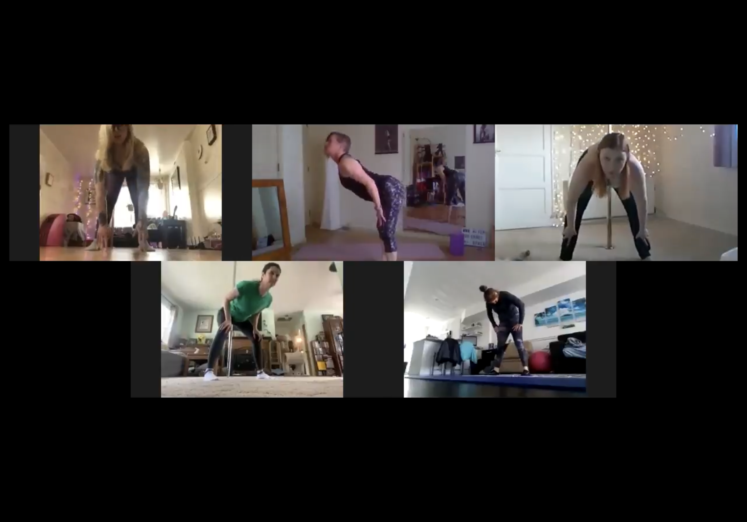 Five women participating in a virtual online fitness class, each in their own home, doing yoga or stretching exercises.