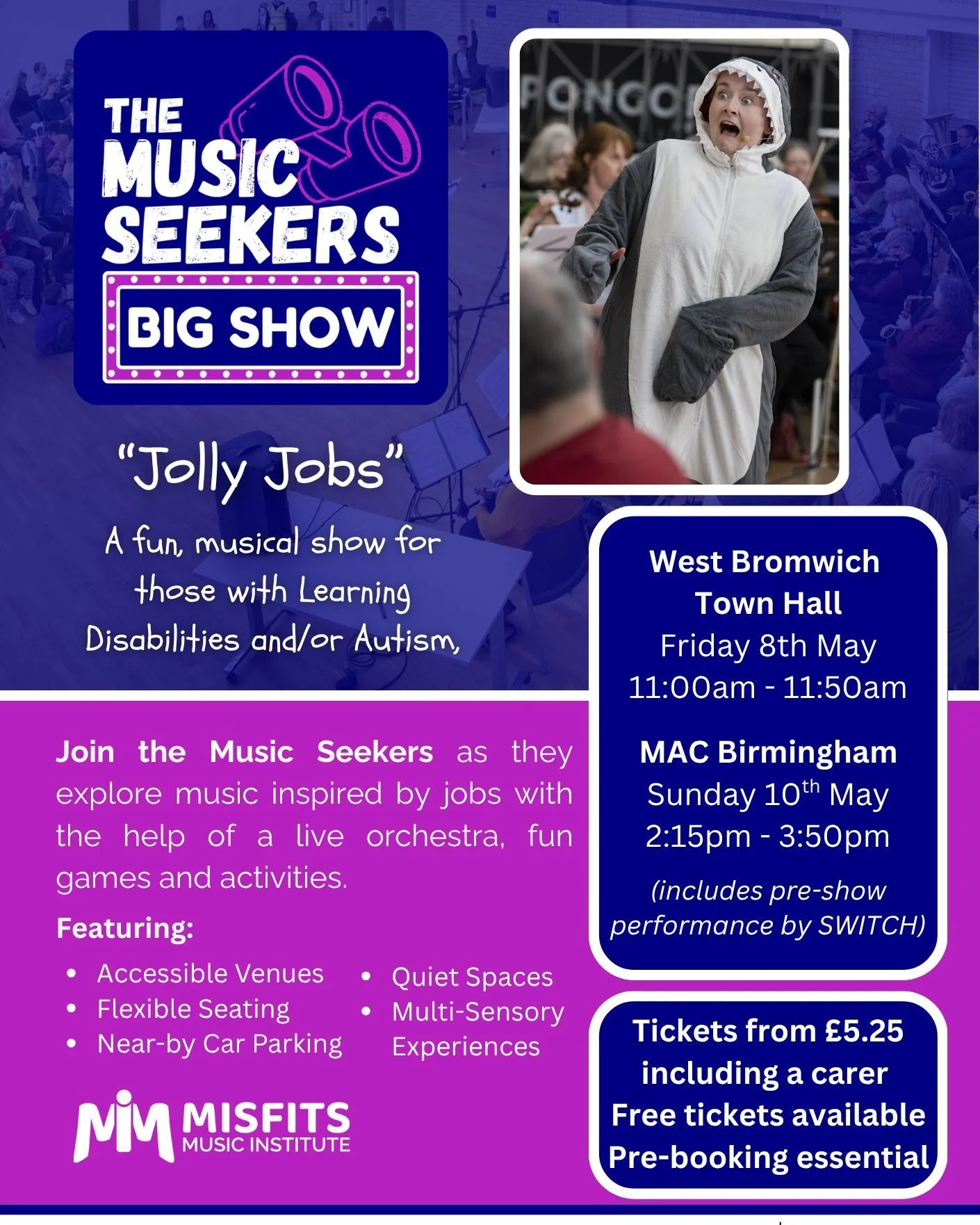 We have some exciting Music Seekers shows coming up in May! Join us for some exciting musical adventures for those with Learning Disabilities and/or Autism. 

For more info: https://misfitsmusic.org.uk/big-show