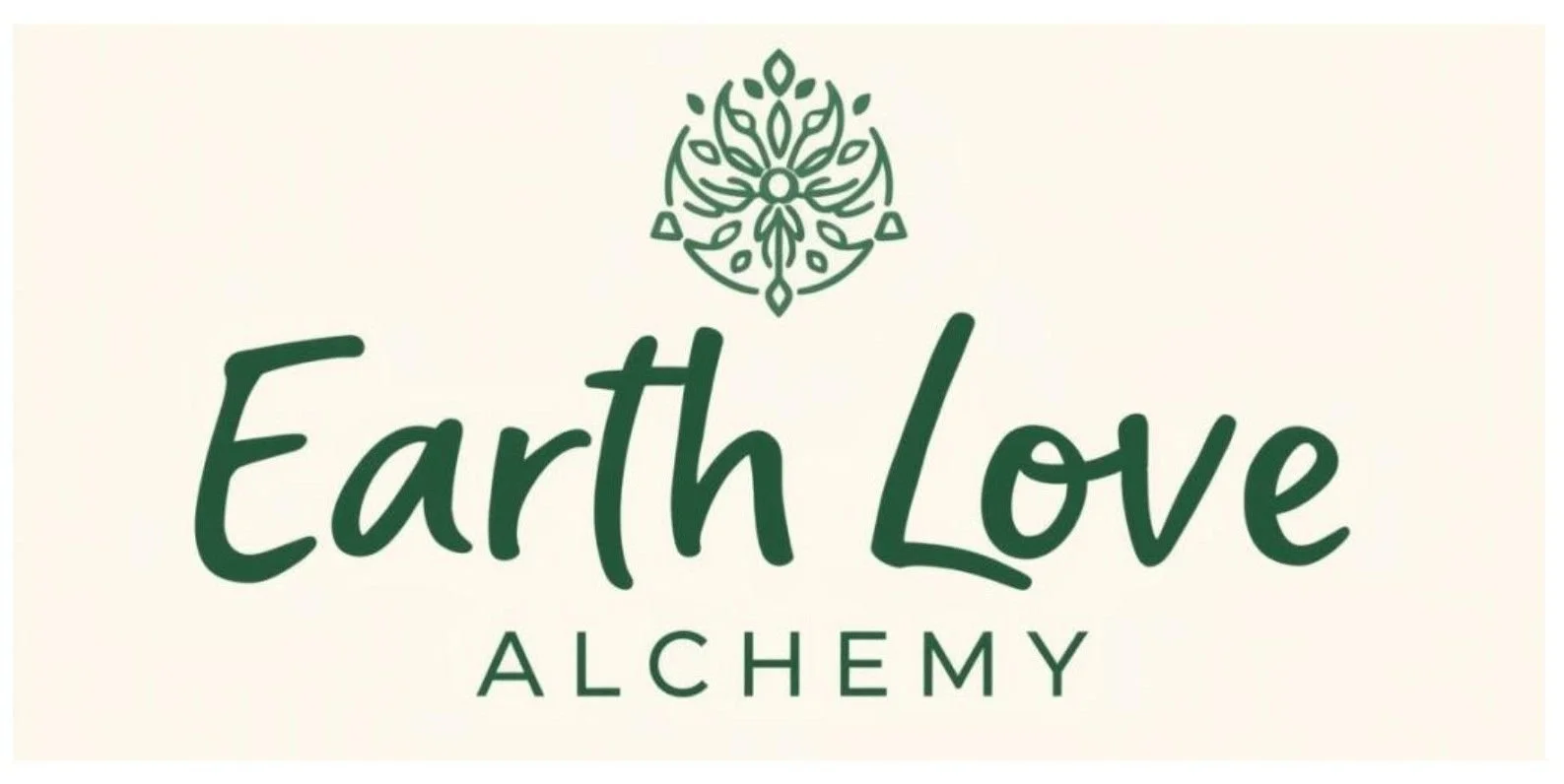 Logo with a stylized green floral mandala and the words "Earth Love Alchemy" in green lettering on a light background.