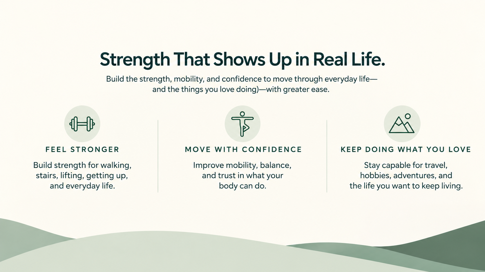 Functional strength and mobility coaching to help adults 50+ feel stronger, move with confidence, and keep doing what they love.