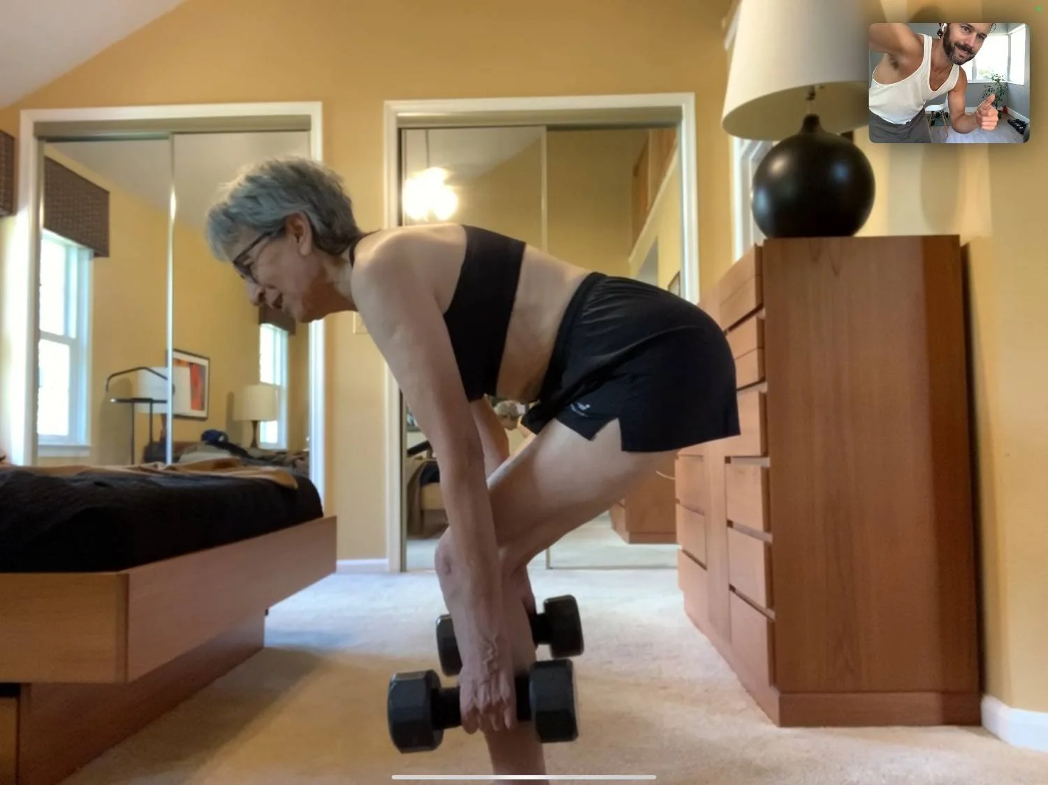 72 year old client Karen able to put her suitcase on the rack for the first time - stronger than ever
