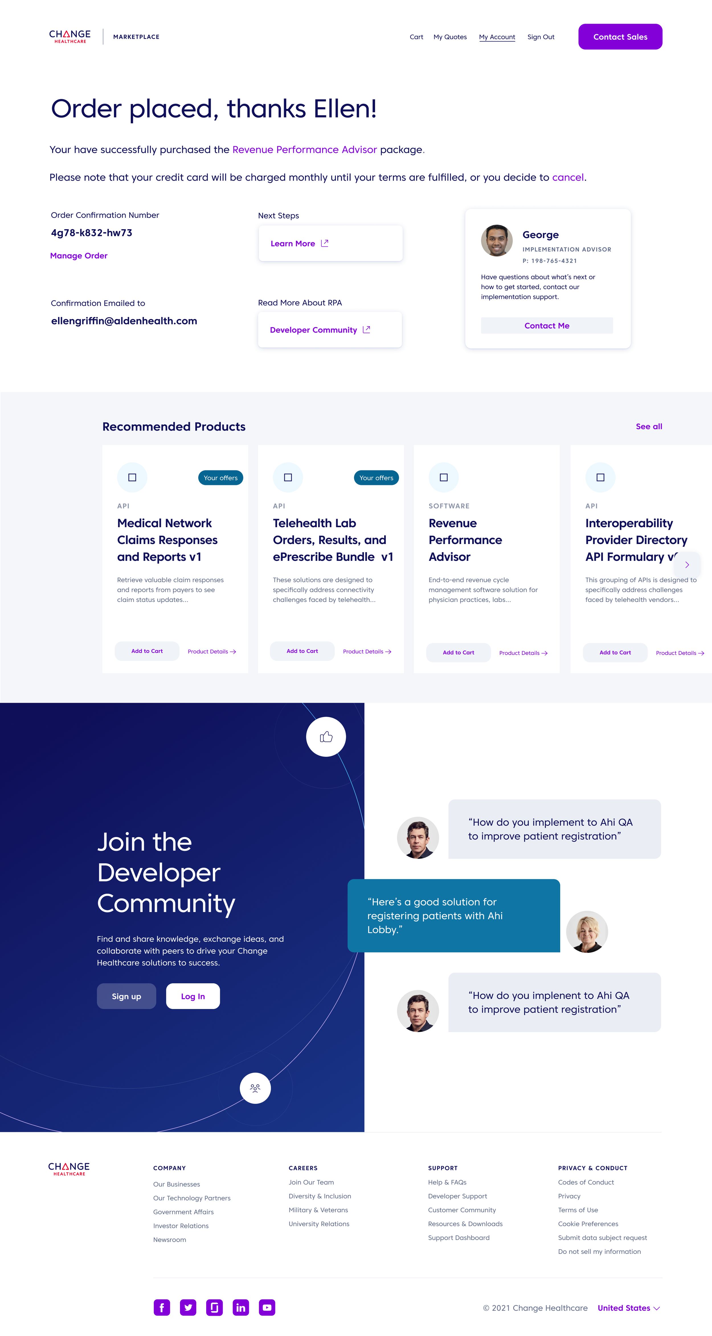 A purchase confirmation displays recommended products and Community advertisement.