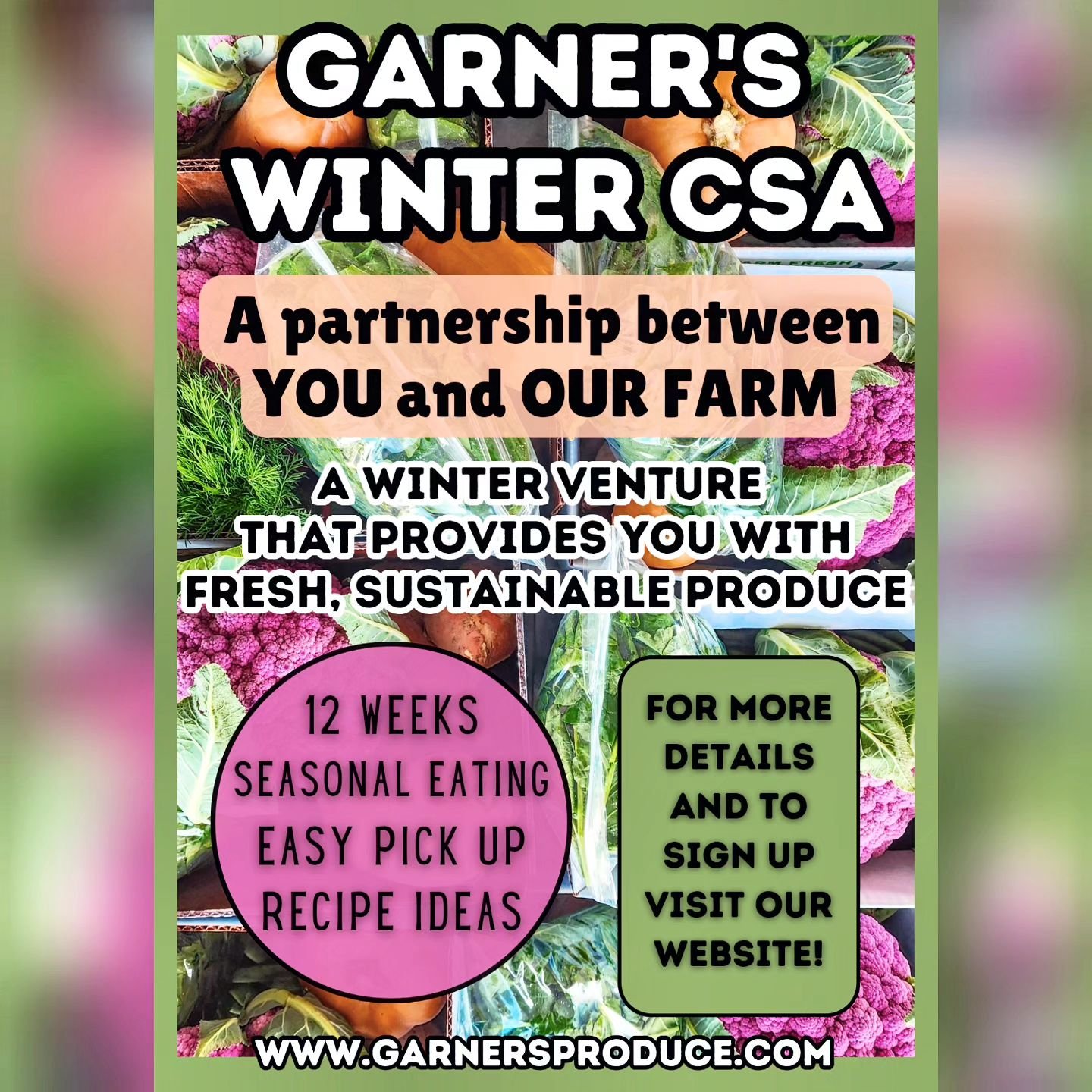 There's still time! 2 weeks left to sign up for our winter CSA! For more questions, check out the CSA tab on our website! 🥦

#WinterCSA #Garners #KeepItLocal #KnowWhereYourFoodComesFrom #SupportSmall