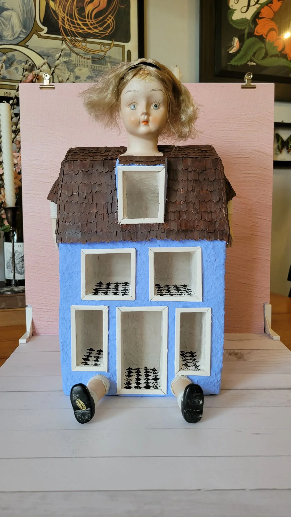 "Curiouser and curiouser" Alice In Wonderland inspired papier-mache trinket house - papier-mache, recycled materials, porcelain doll, hand painted. March 2026