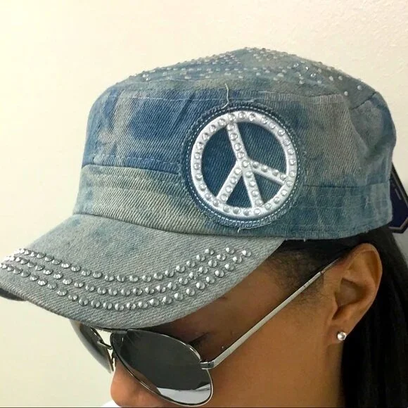Comfy Denim Peace Cap With Rhinestones / The City Girl  display picture 1