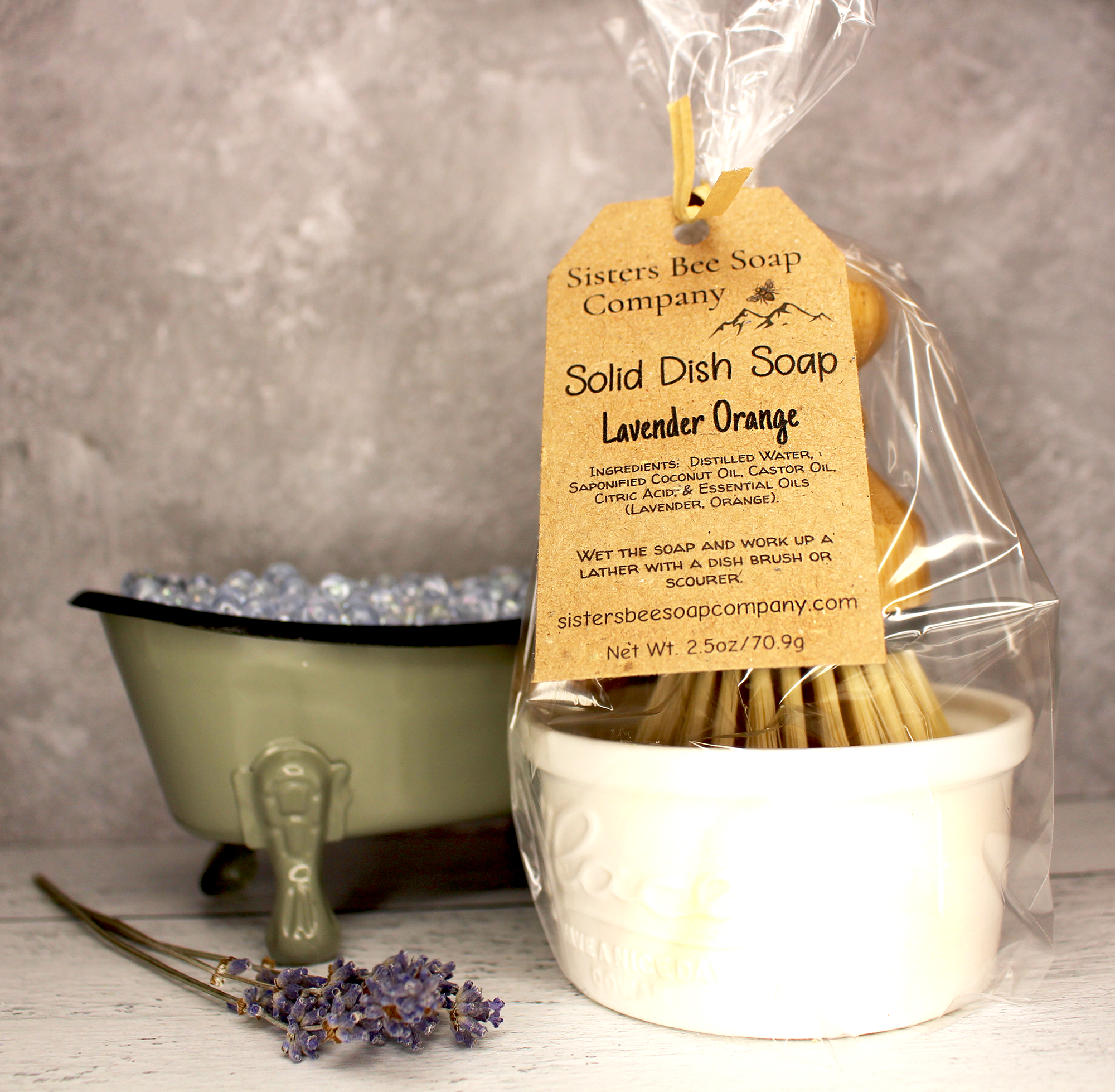 Solid Dish Soap bar package with dish brush and ramekin