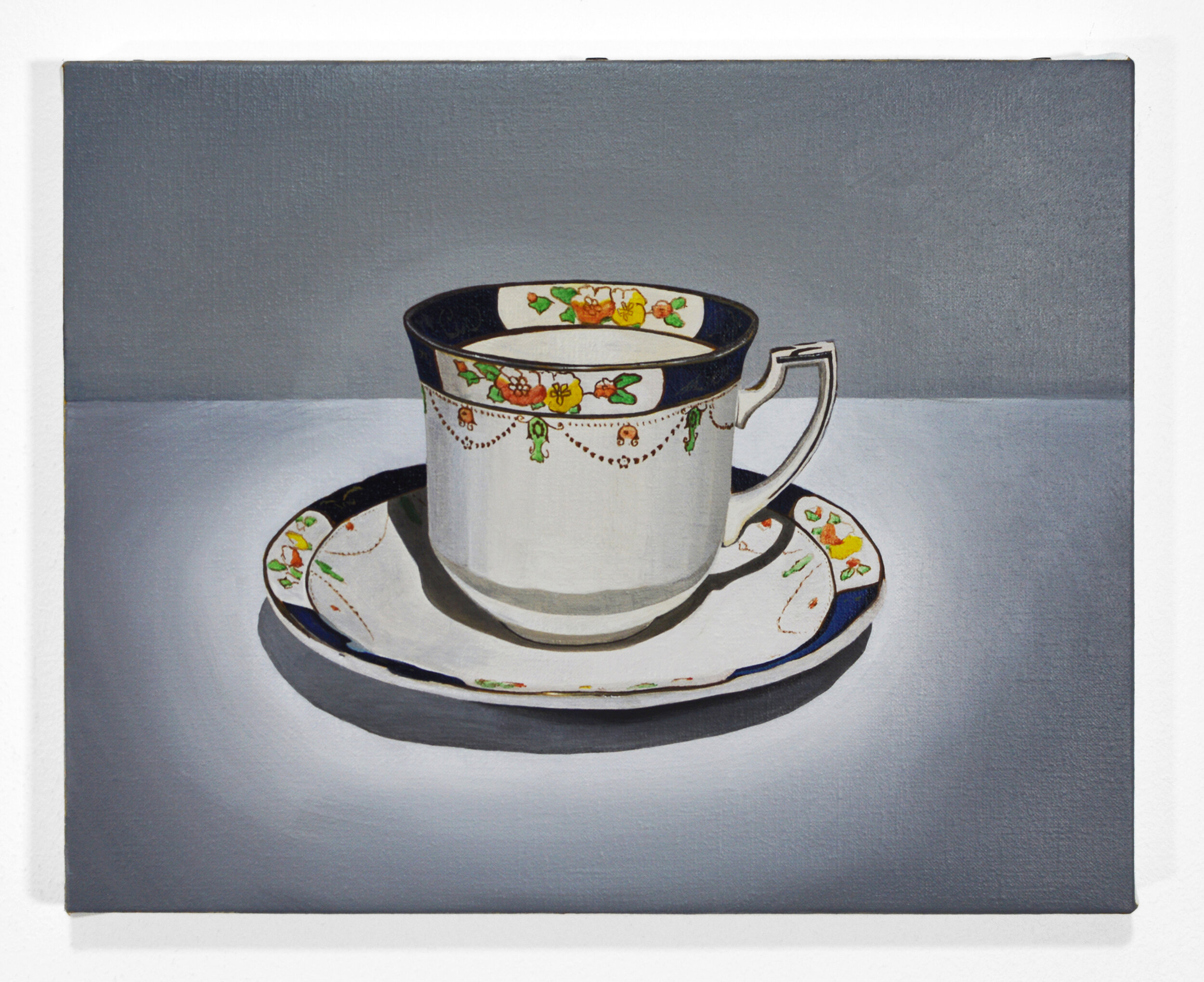  Teacup and saucer in spotlight (2019)   Oil on linen  22 x 29cm  Available 