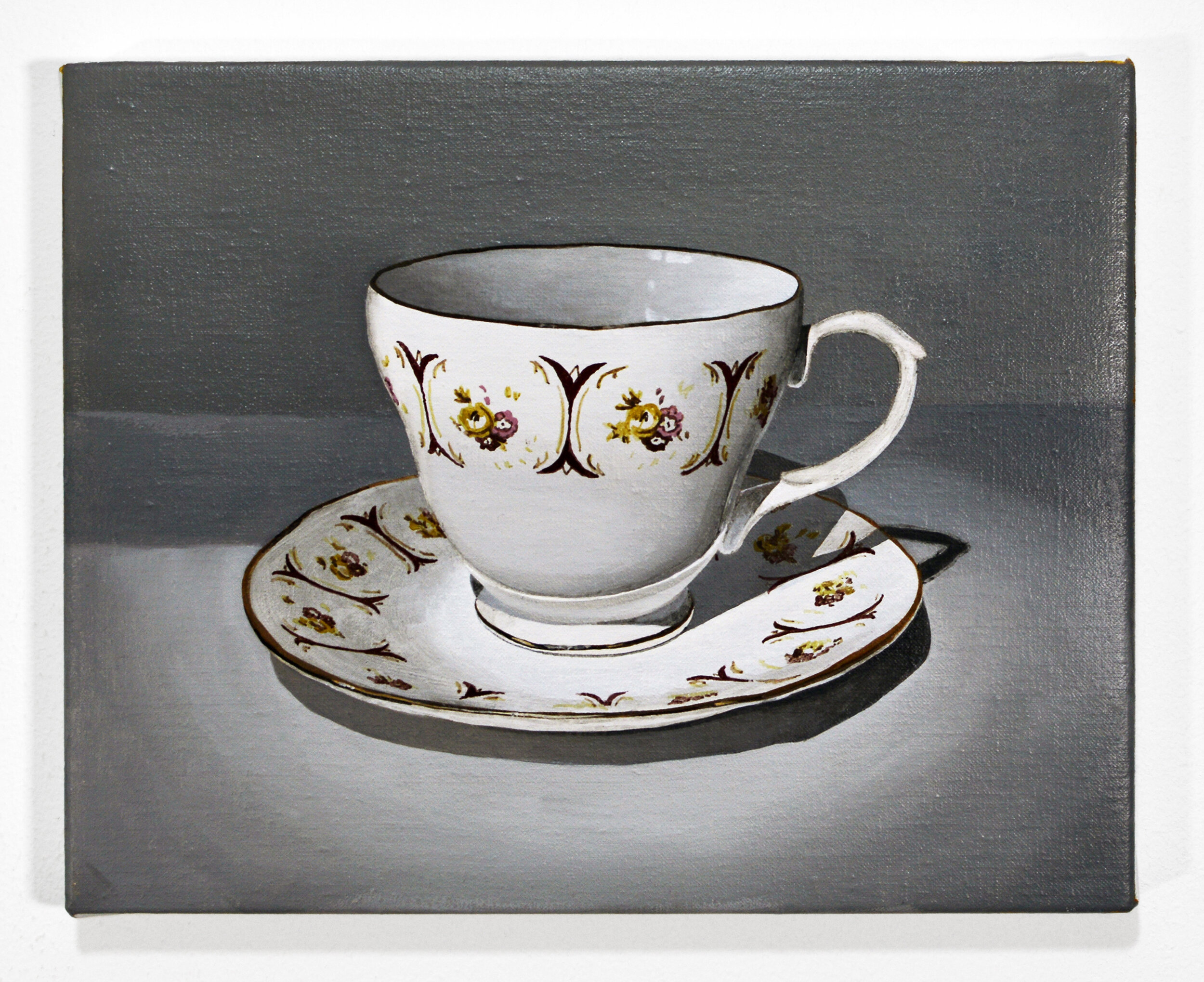  Teacup and saucer (a) (2018)  Oil on linen  20 x 25cm  Available 