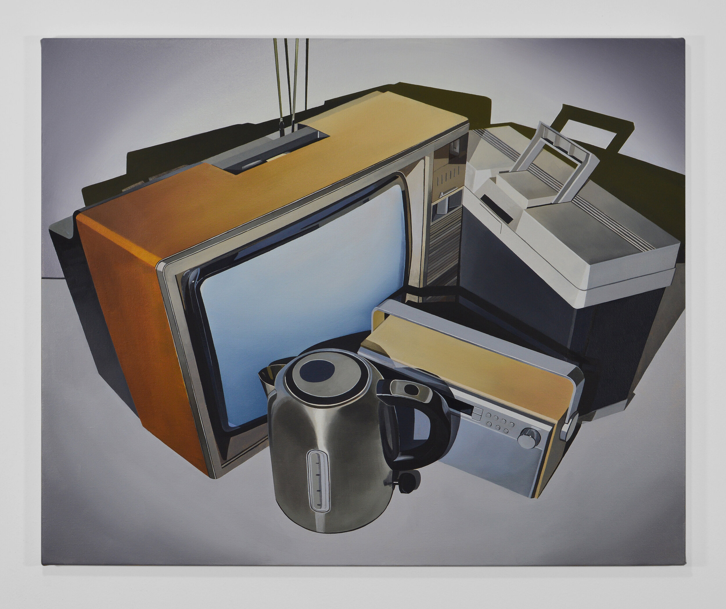  Cluster (TV, Kettle, Filing cabinet and Radio) (2020)   Oil on linen   60 x 70cm   Available 