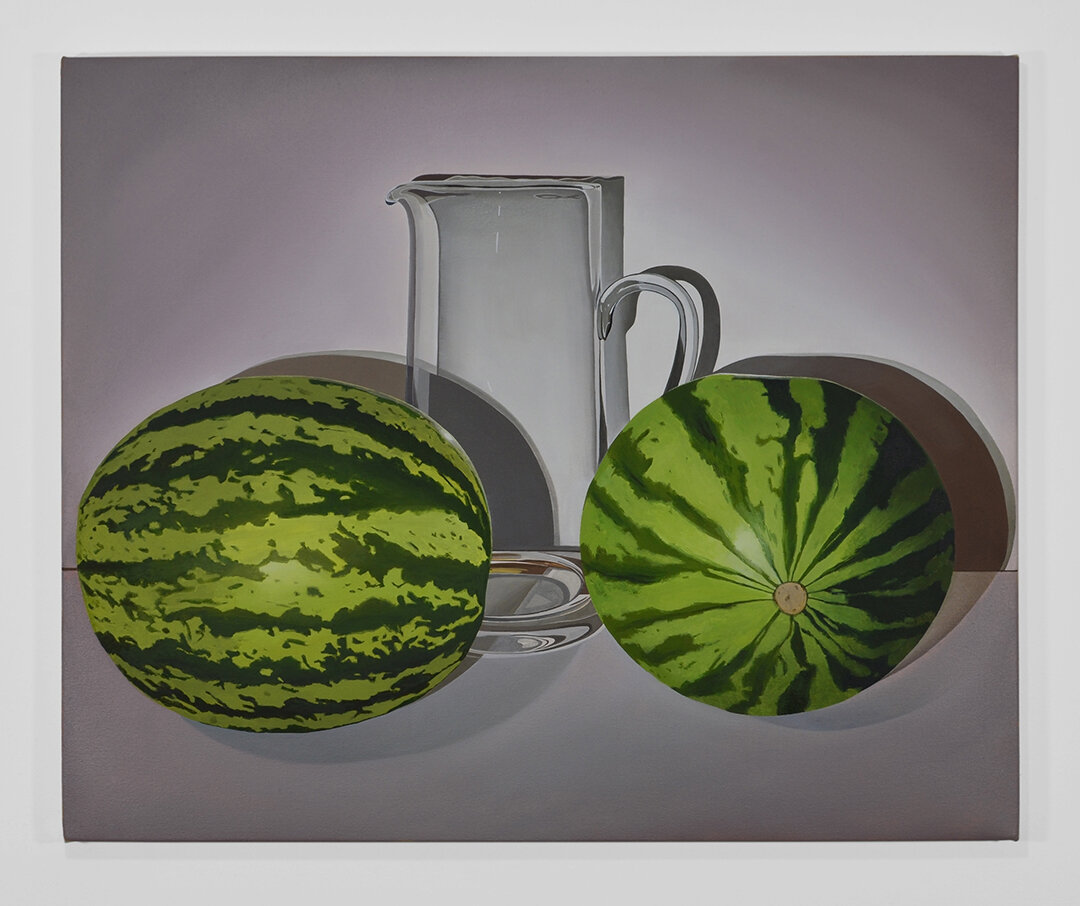  A prosaic still life? Two watermelons and a jug (2020)  Oil on canvas  60 x 70cm  Private Collection 