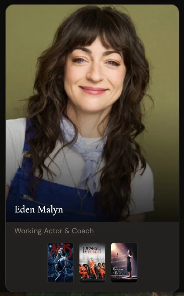 Portrait of Eden Malyn, a working actor and coach, with long curly brown hair, smiling, wearing a white shirt, with a green background.