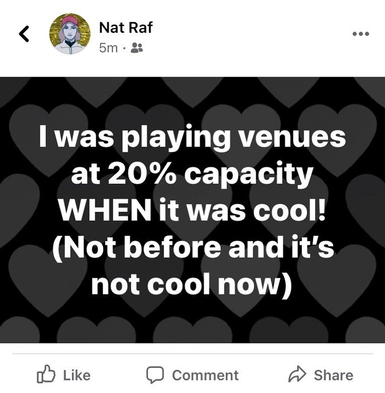 &ldquo;I was playing venues at 20% capacity WHEN it was cool! (Not before and it&rsquo;s not cool now)&rdquo;

The #BeforeItWasCool joke has gone viral a few times in #musician circles during the course of the #Pandemic

I find it tired. Our art is n
