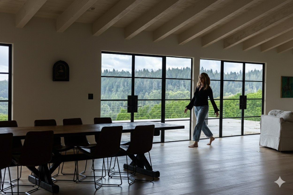 A woman walking barefoot inside a modern living room with large glass doors leading to a balcony overlooking a green, forested landscape.